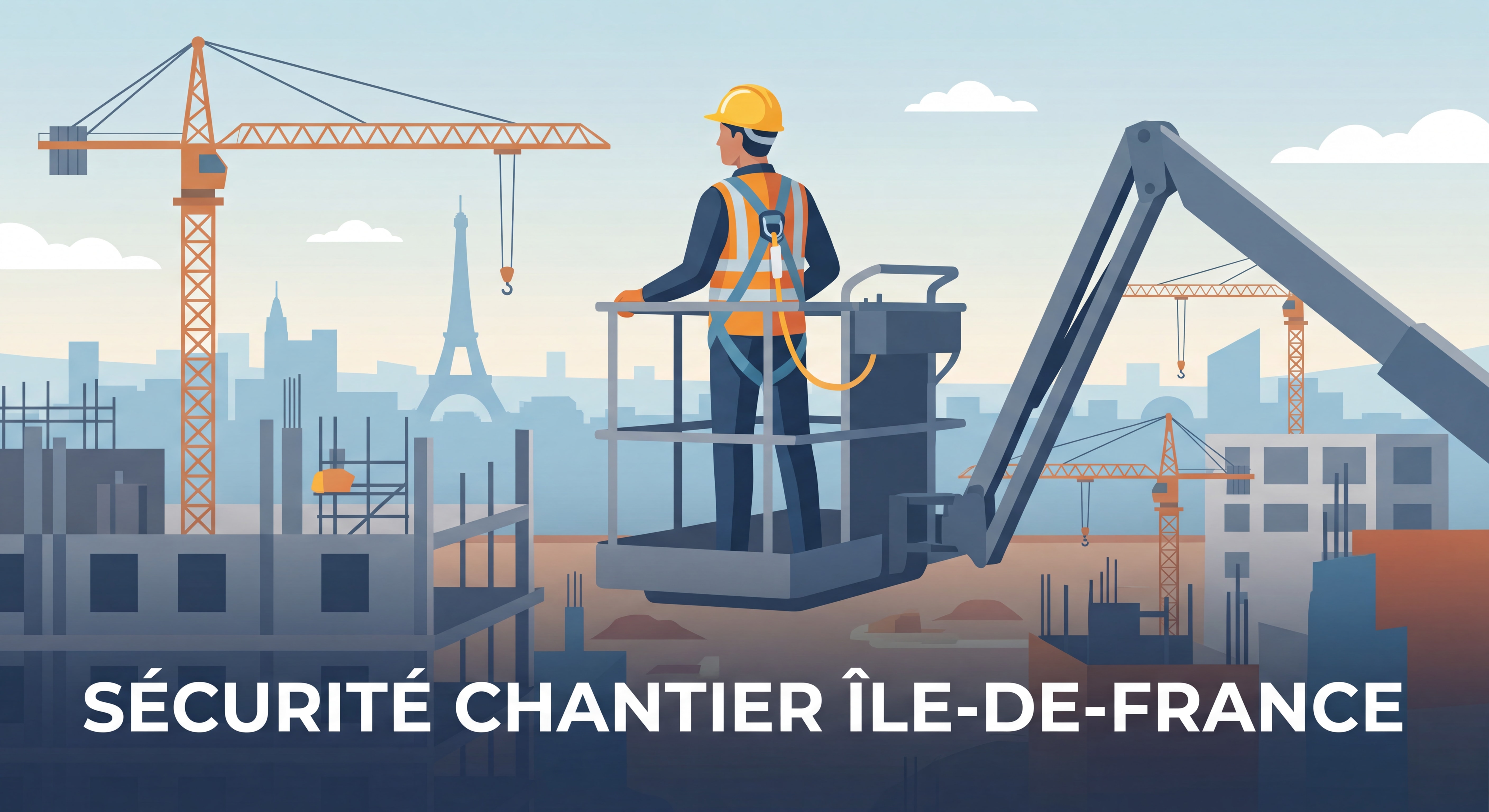 Opérateur équipé d'un harnais de sécurité et d'un casque dans une nacelle élévatrice sur un chantier en Île-de-France