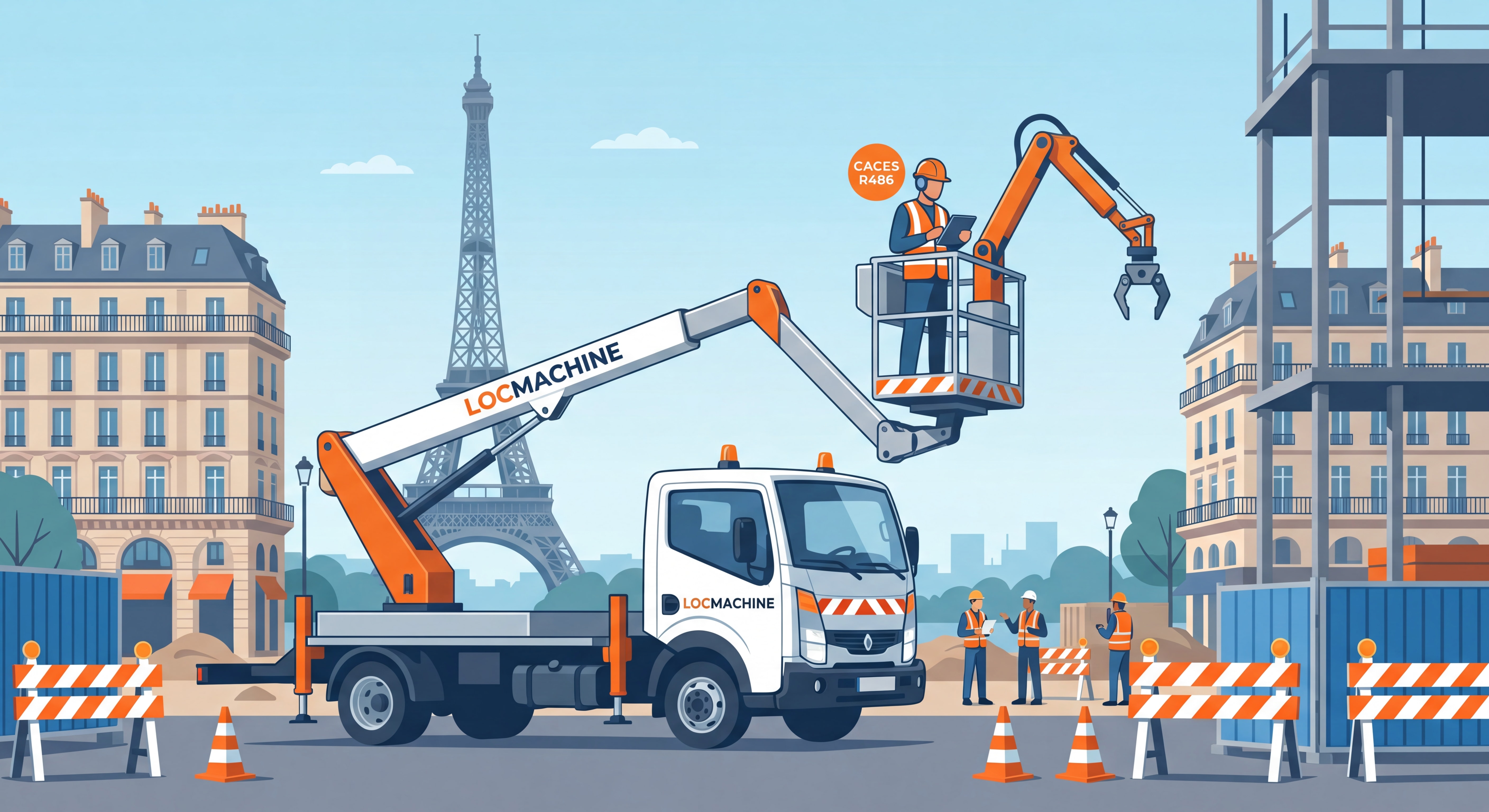 Camion nacelle Locmachine sur un chantier parisien, opérateur professionnel certifié CACES R486 en action