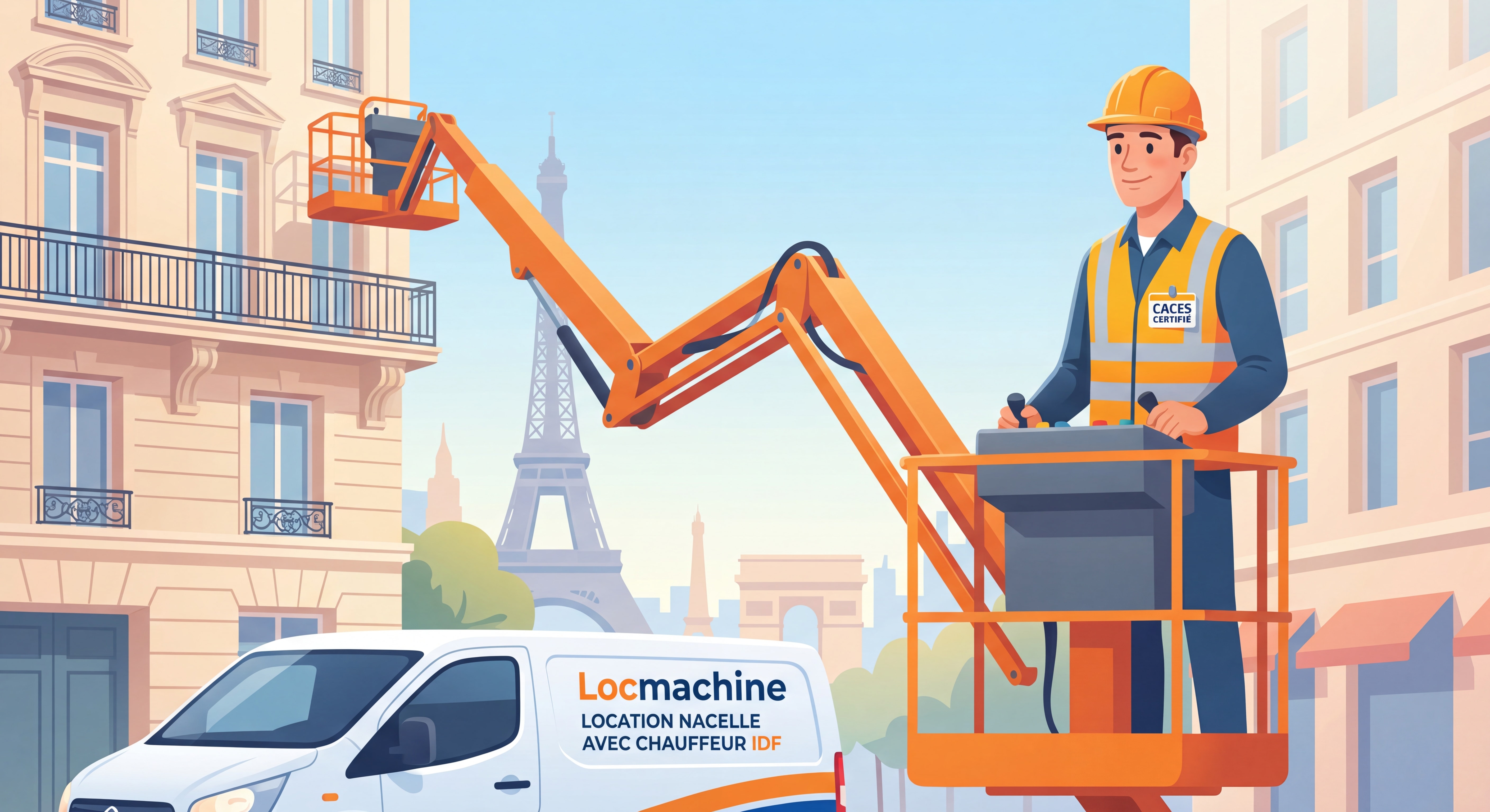 Chauffeur CACES certifié opérant une nacelle articulée pour Locmachine à Paris – location nacelle avec chauffeur IDF