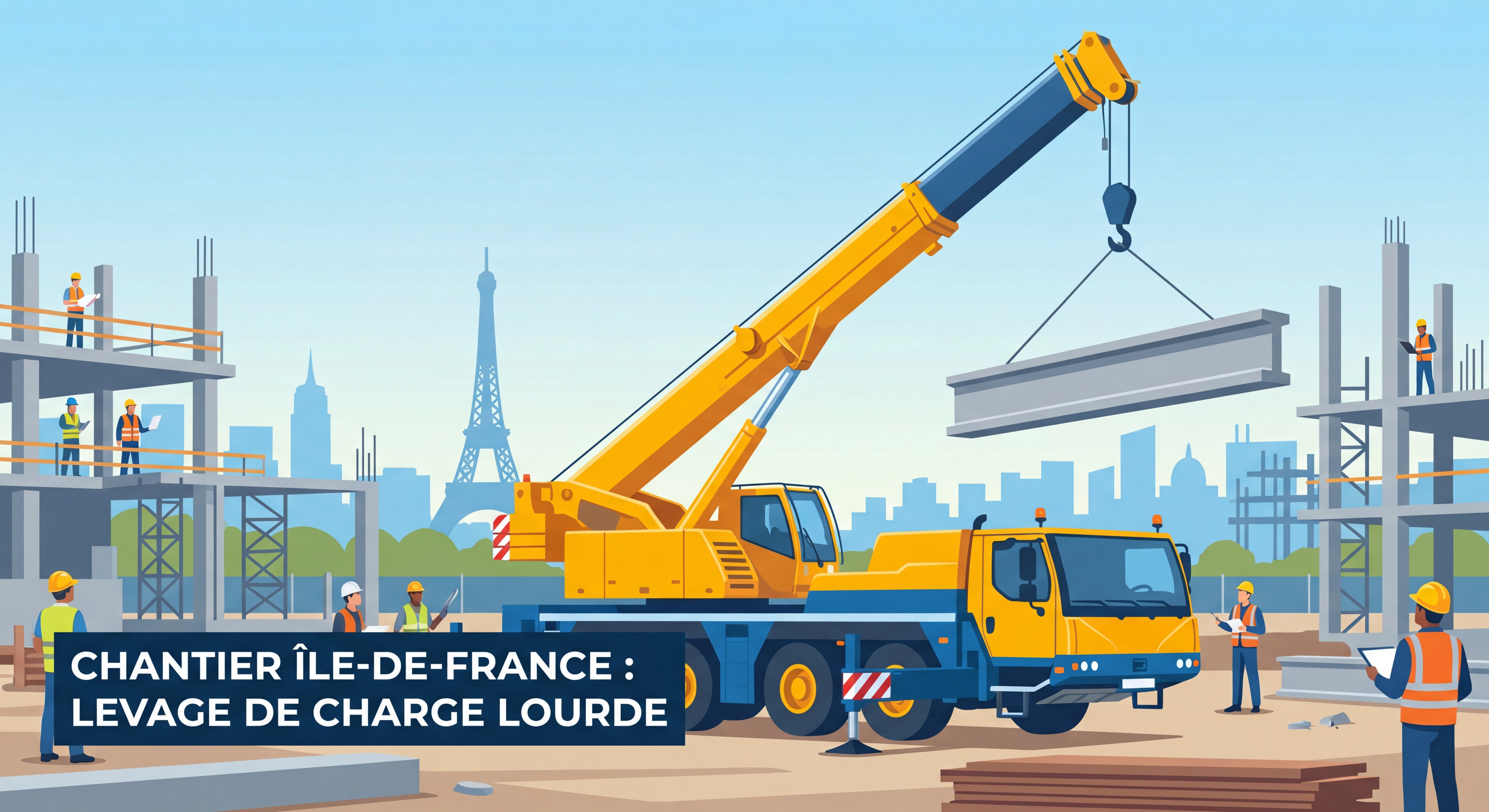 Grue mobile sur porteur en action sur un chantier en Île-de-France, levage de charge lourde