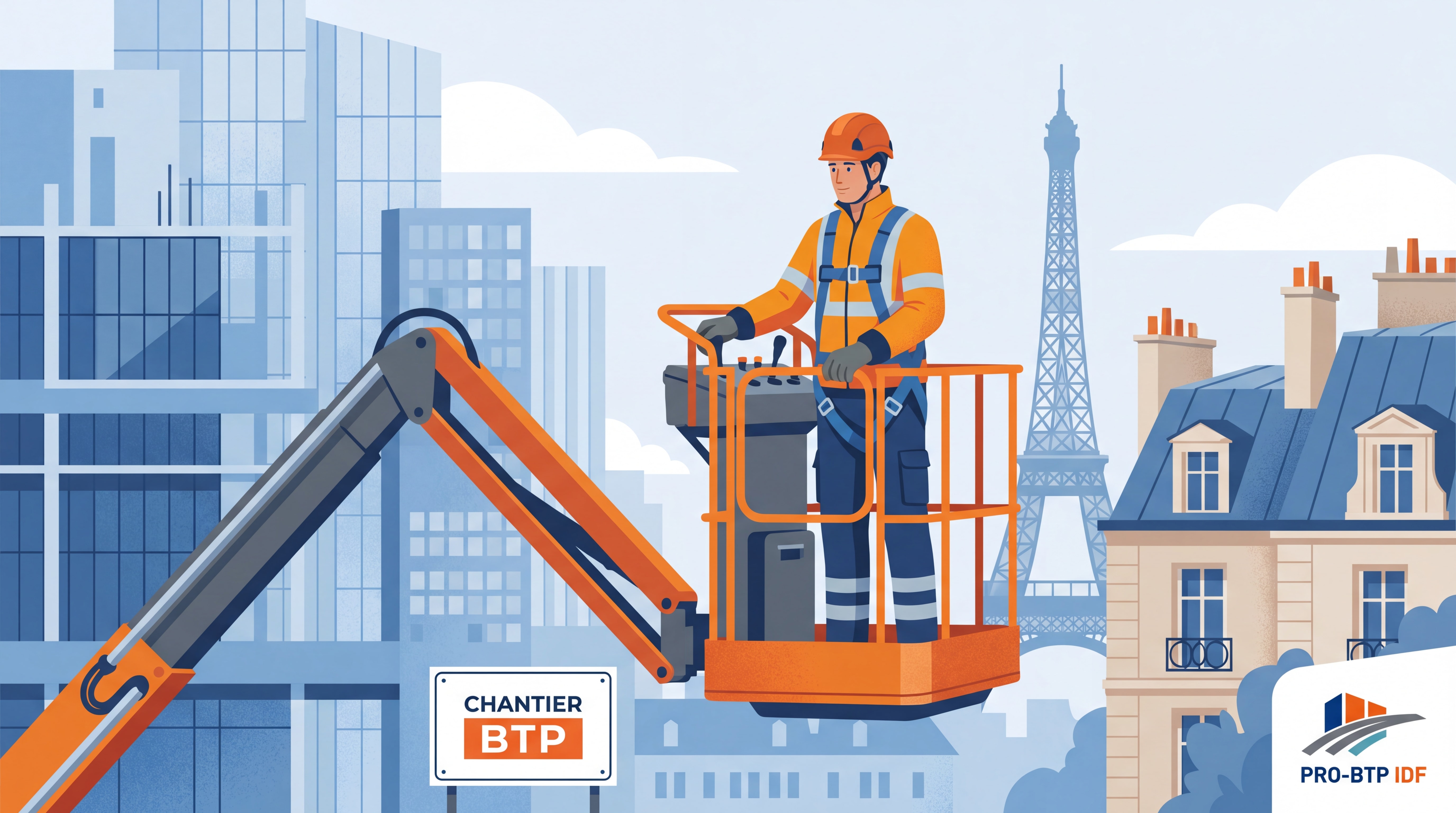 Conducteur en nacelle élévatrice sur chantier BTP en Île-de-France avec équipements de sécurité