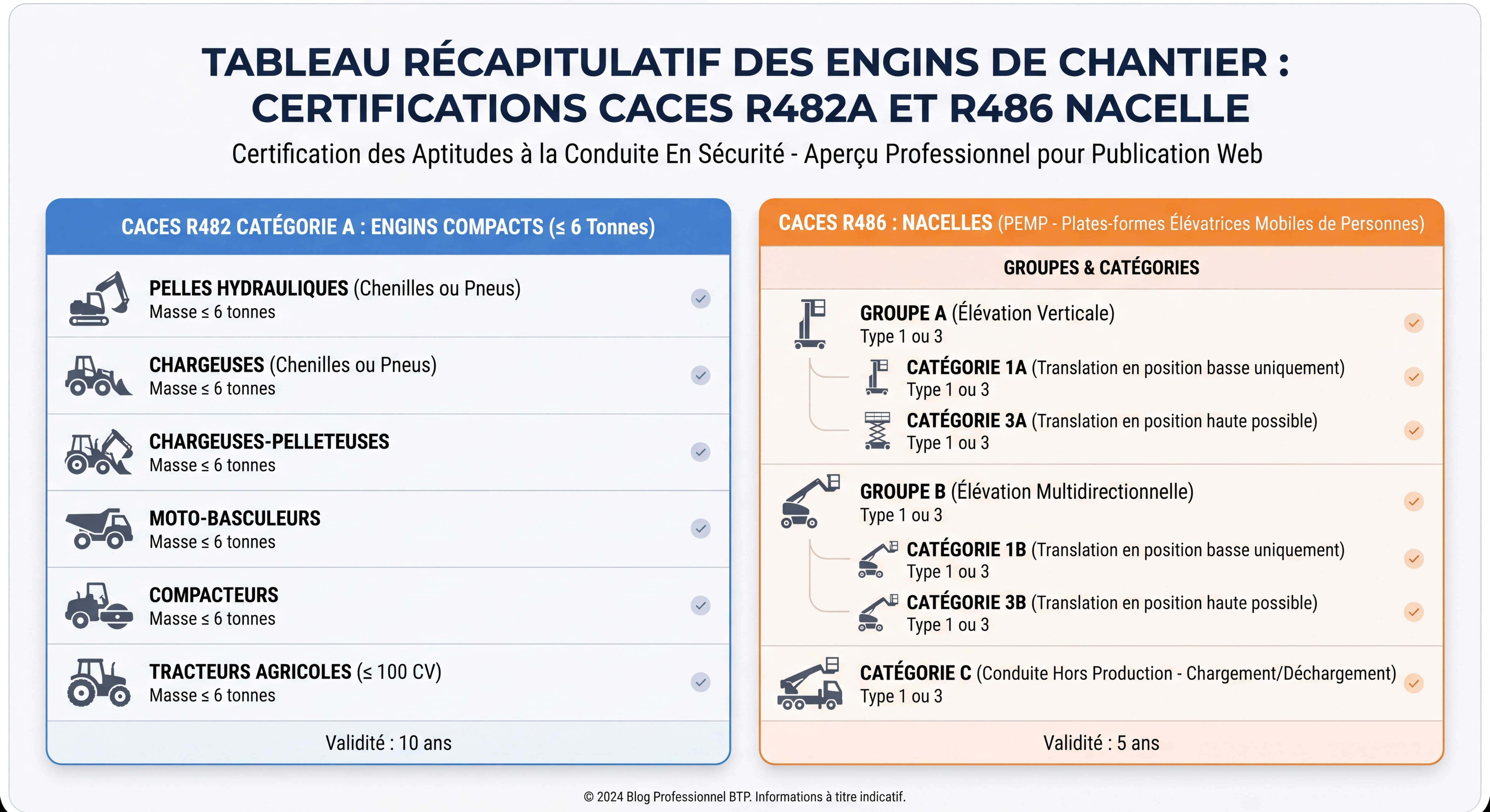 Tableau récapitulatif des différents engins de chantier couverts par les certifications CACES R482A et R486 nacelle