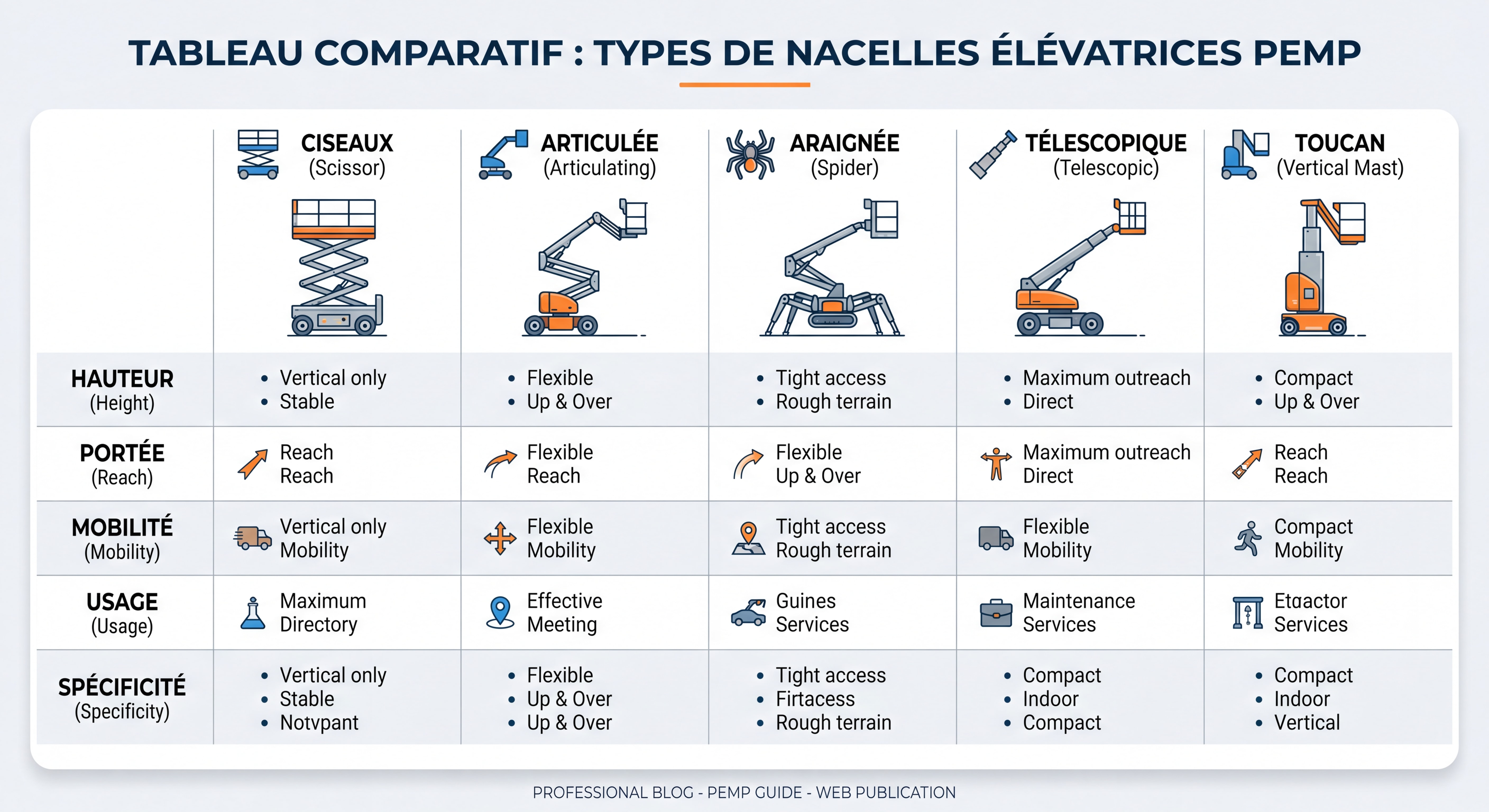 Tableau comparatif des types de nacelles élévatrices PEMP - ciseaux articulée araignée télescopique toucan