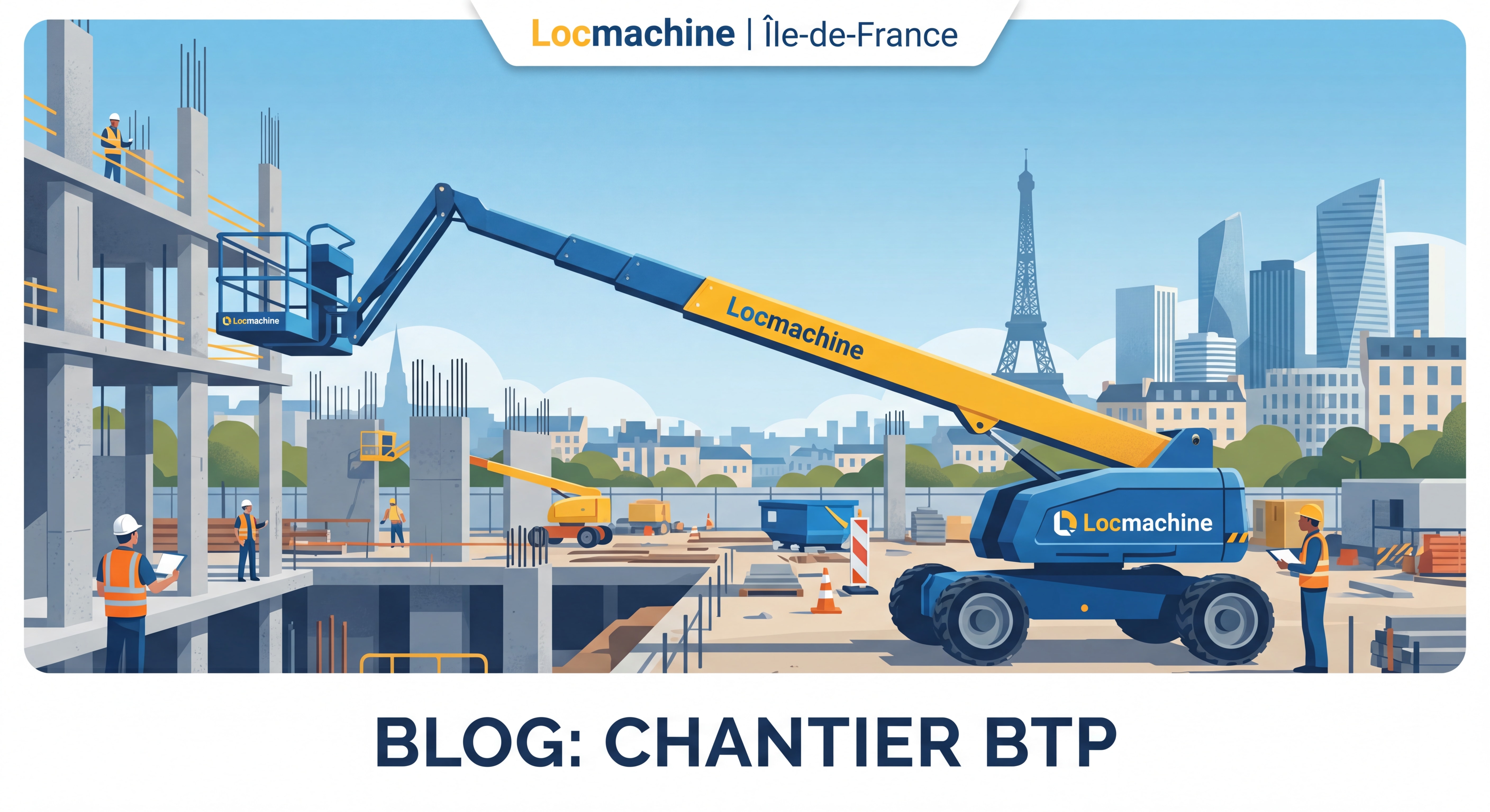 Nacelle élévatrice PEMP articulée sur chantier BTP en Île-de-France - Locmachine