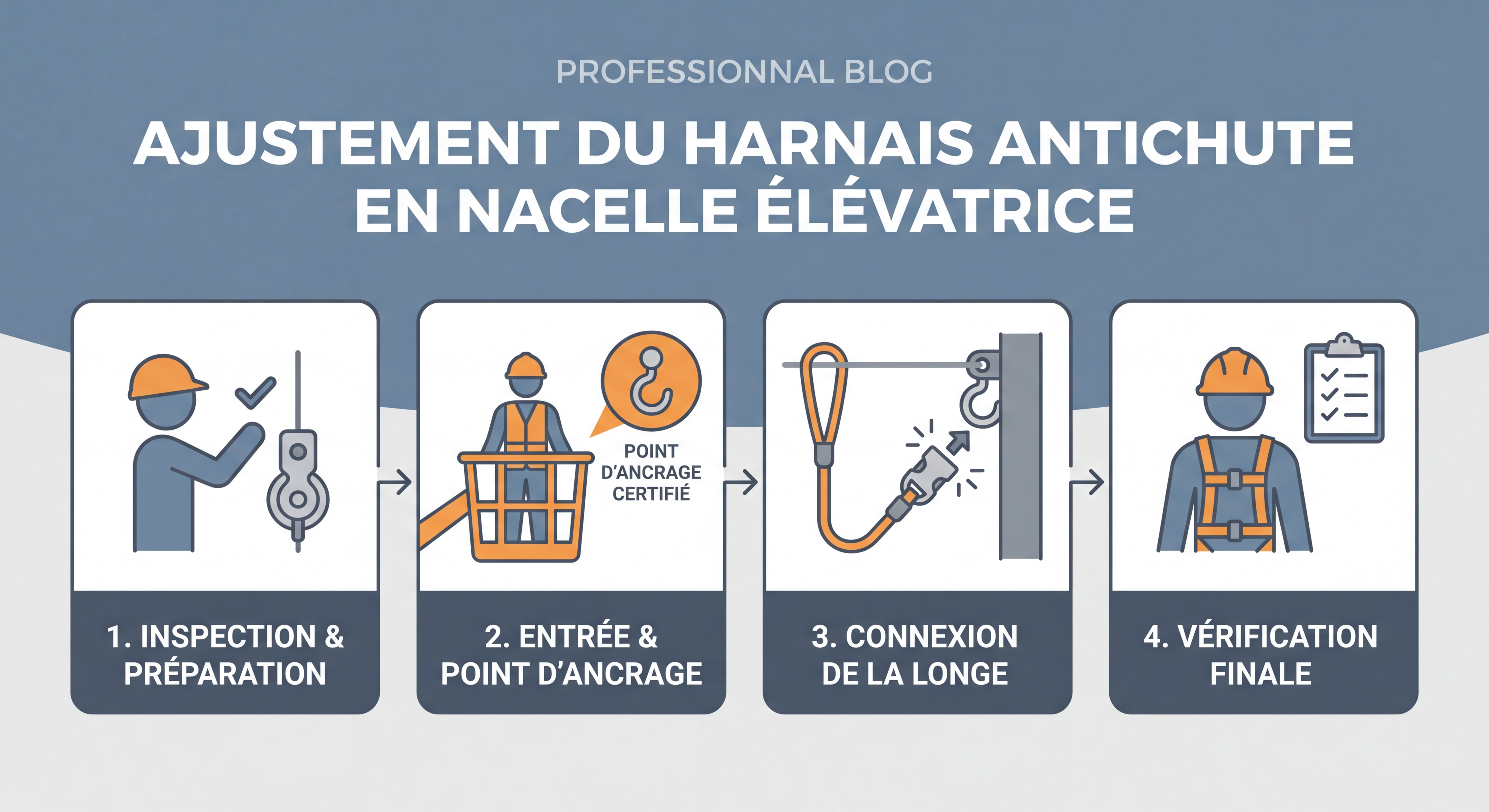 Schéma illustrant les étapes d'ajustement d'un harnais antichute en nacelle élévatrice, avec point d'ancrage certifié du panier