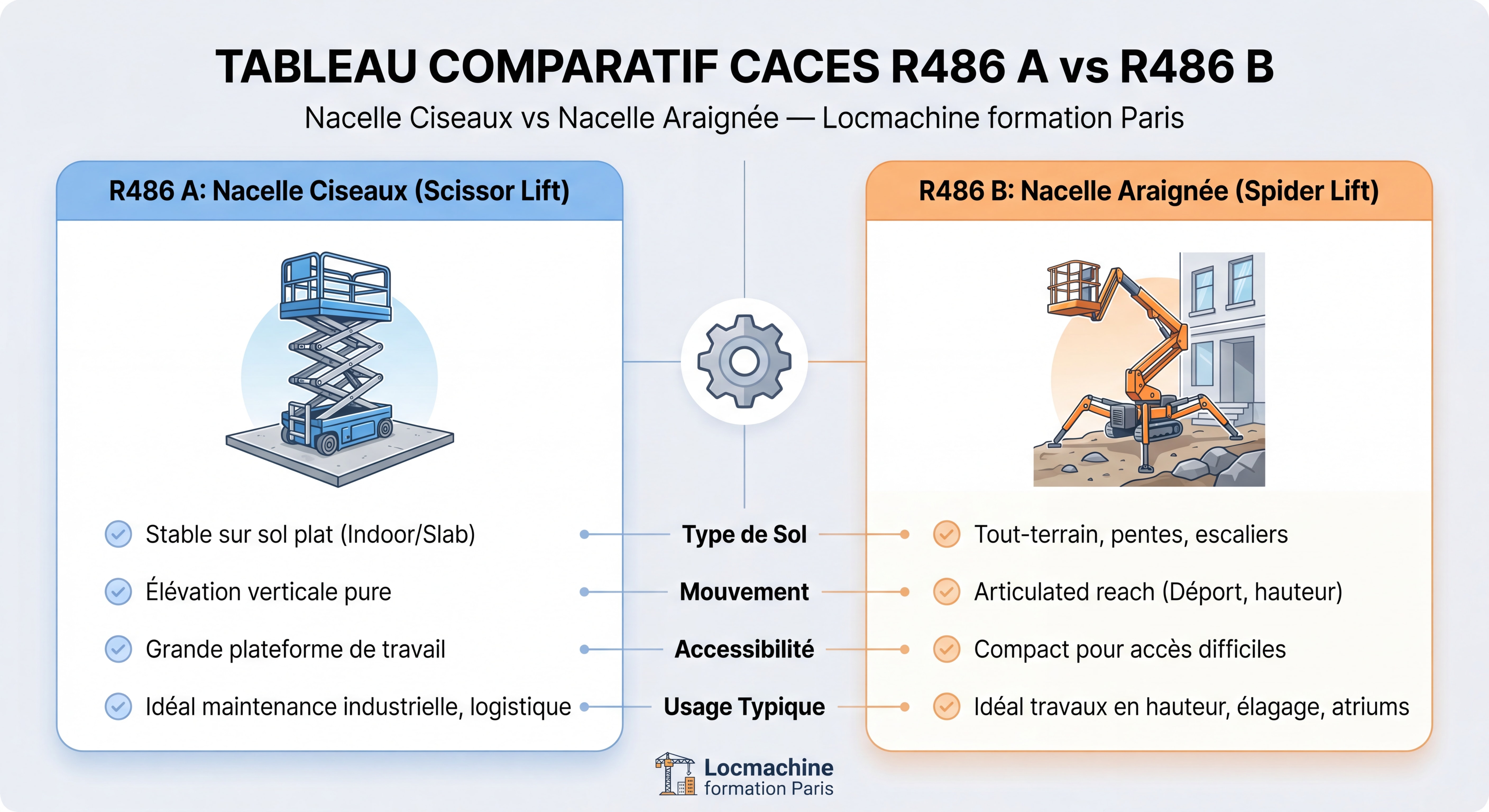 Tableau comparatif CACES R486 A nacelle ciseaux vs R486 B nacelle araignée — Locmachine formation Paris
