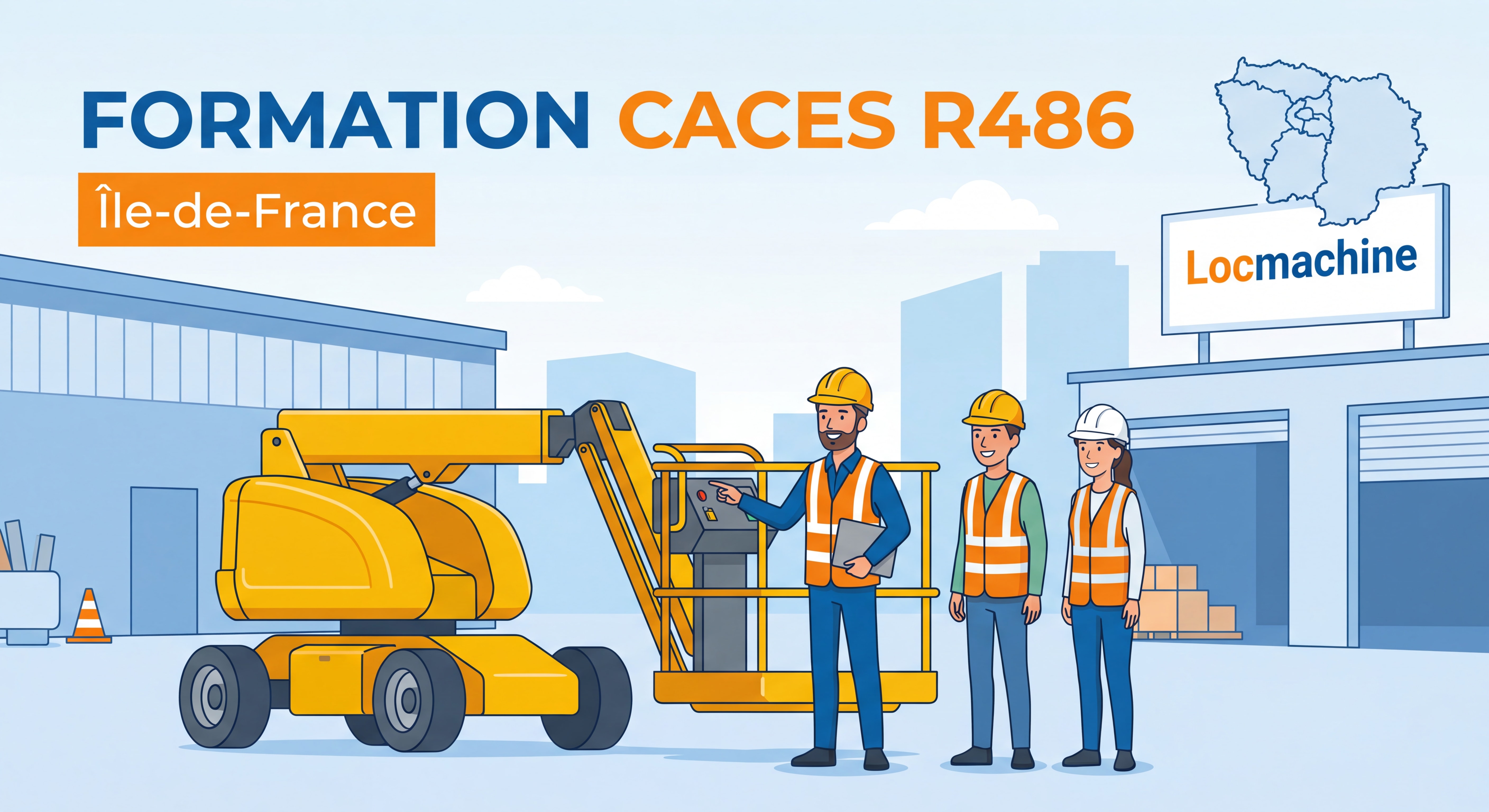 Formation CACES R486 nacelle élévatrice en Île-de-France avec instructeur et stagiaires sur site Locmachine