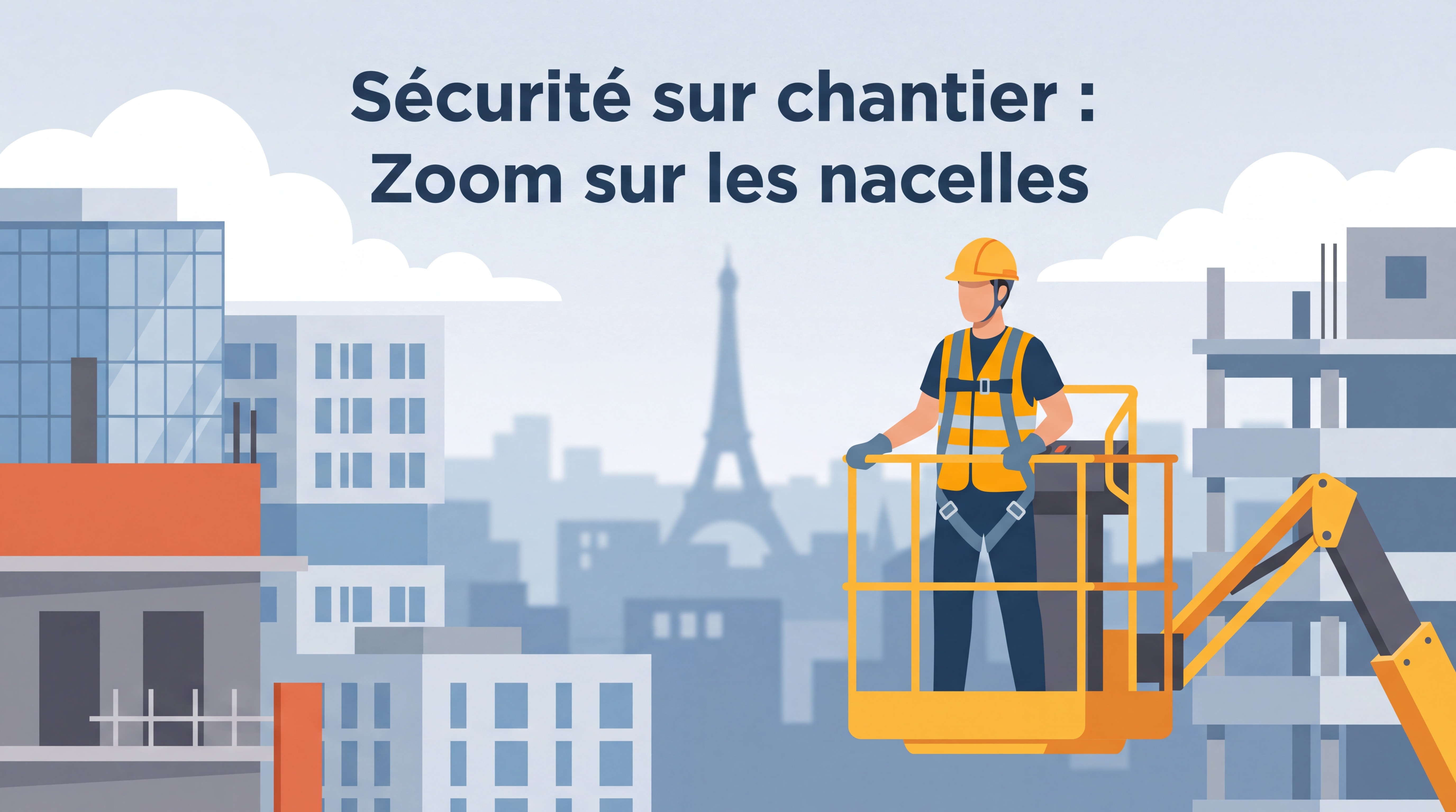 Opérateur en nacelle élévatrice sur chantier BTP en Île-de-France avec équipement de protection individuelle