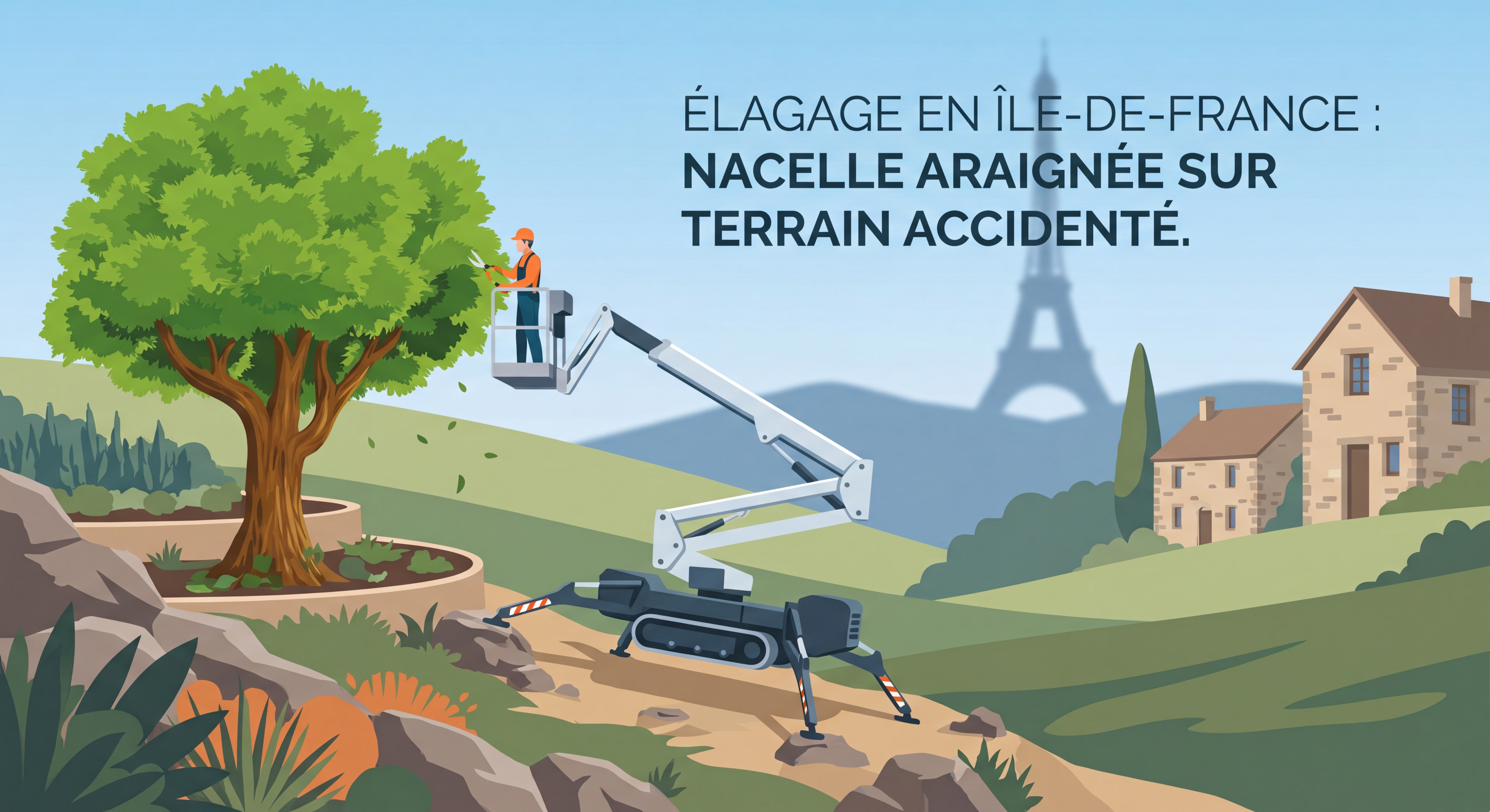 nacelle araignée élagage arbres jardin terrain accidenté Île-de-France