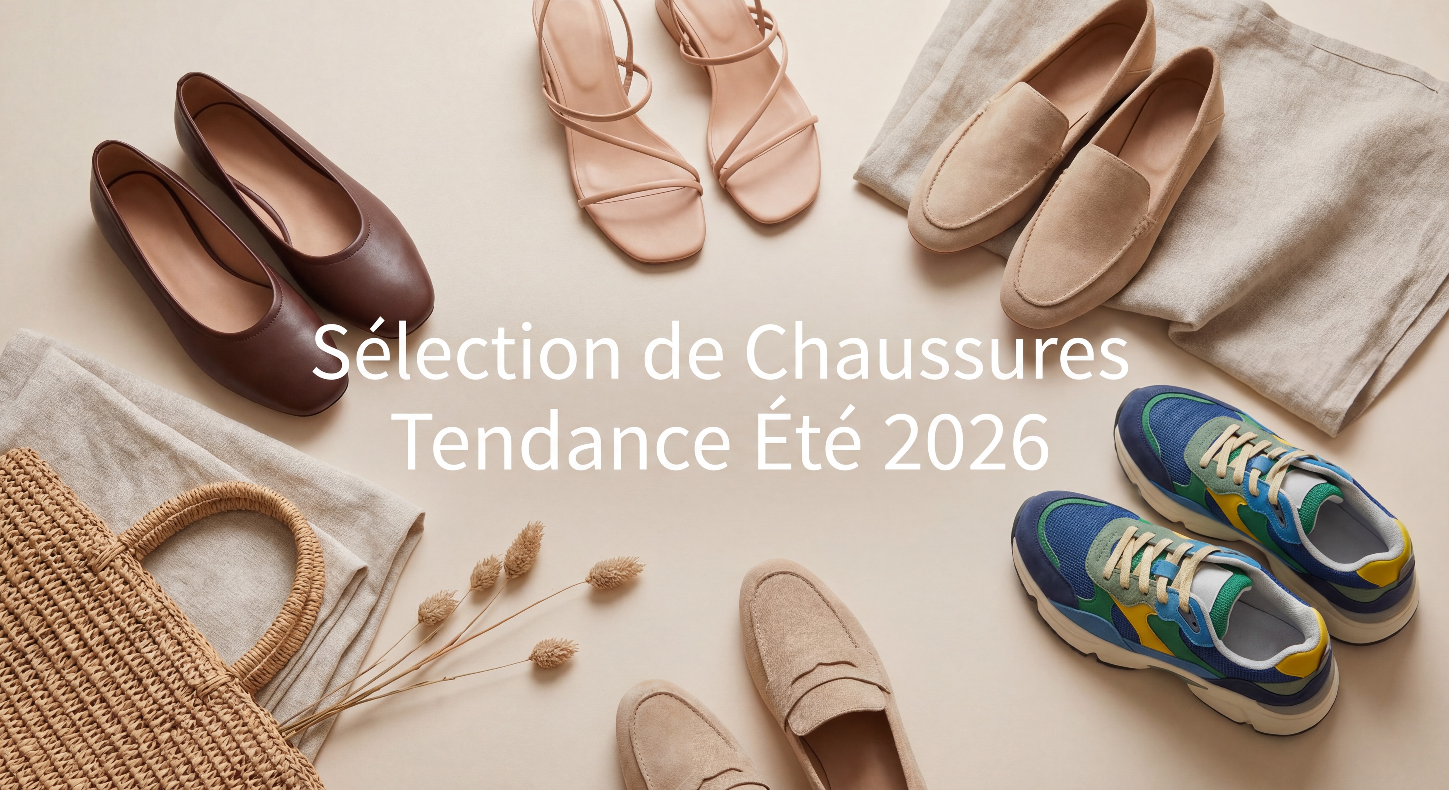Selection of trendy summer 2026 shoes — chocolate ballet flats, minimalist sandals, suede loafers, and colorful sneakers arranged on a light background, editorial fashion style