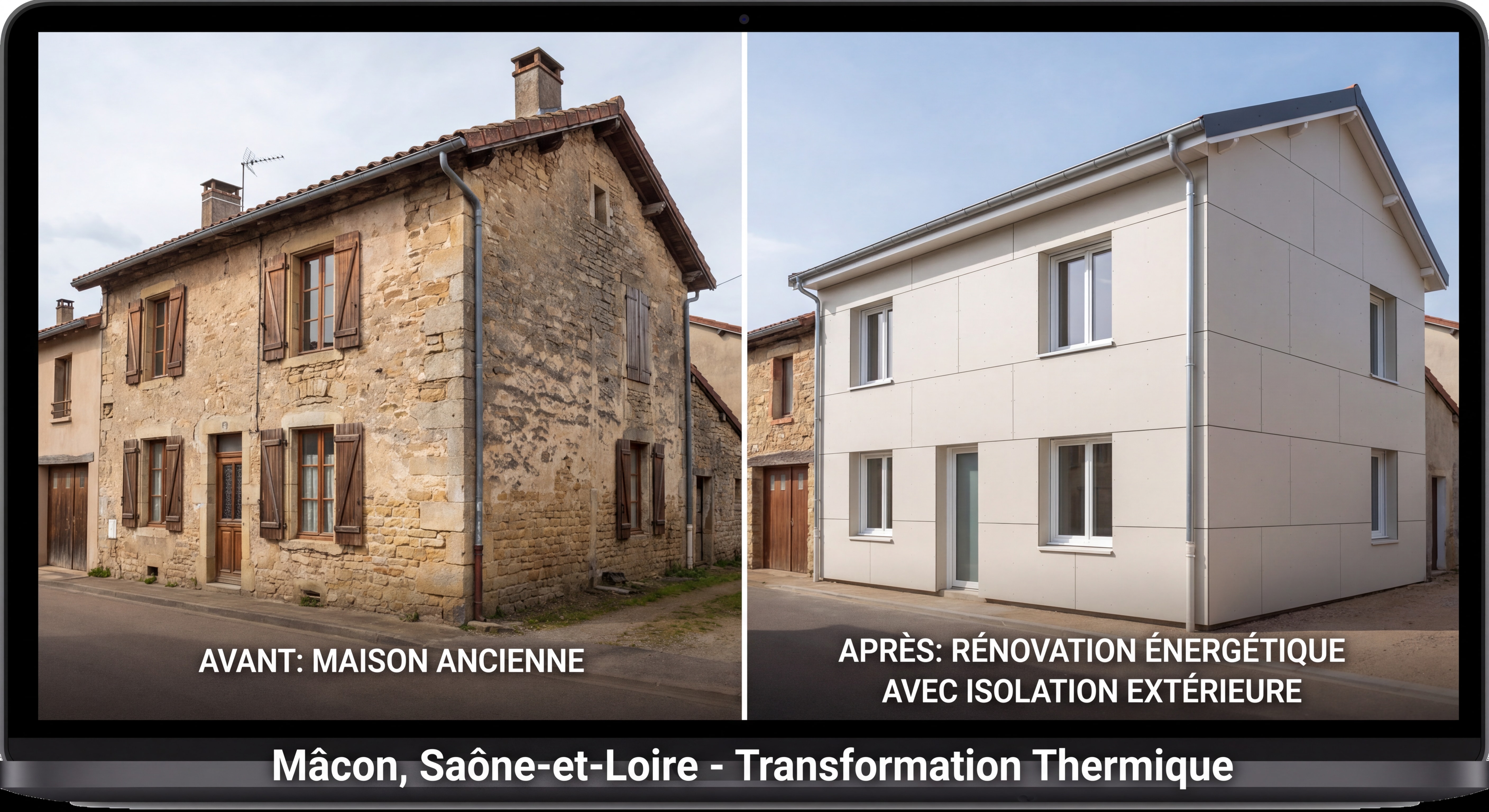 Maison ancienne en pierre rénovée à Mâcon Saône-et-Loire avec isolation thermique par l'extérieur - avant après rénovation énergétique