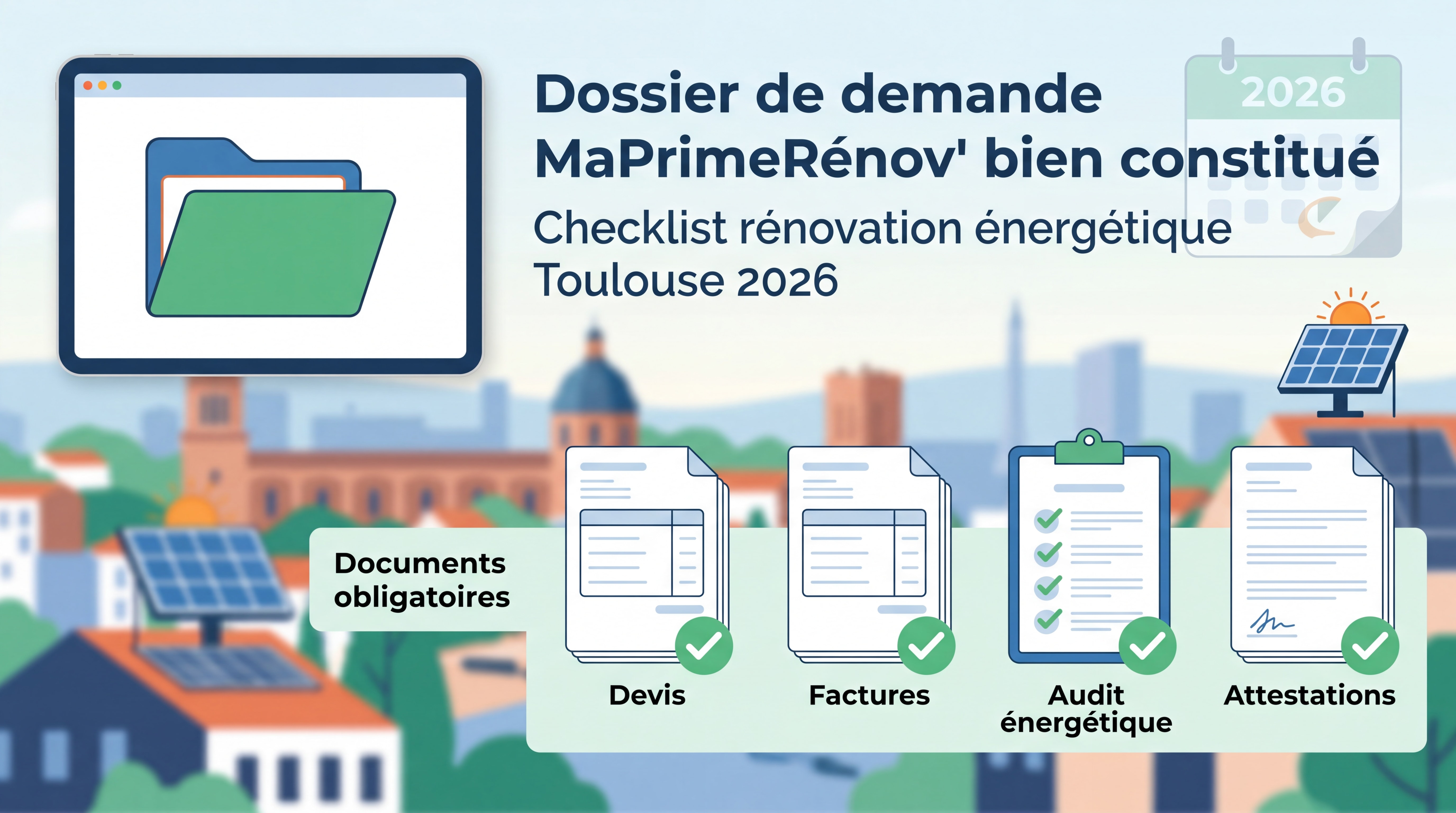 Dossier de demande MaPrimeRénov' bien constitué avec documents obligatoires - checklist rénovation énergétique Toulouse 2026