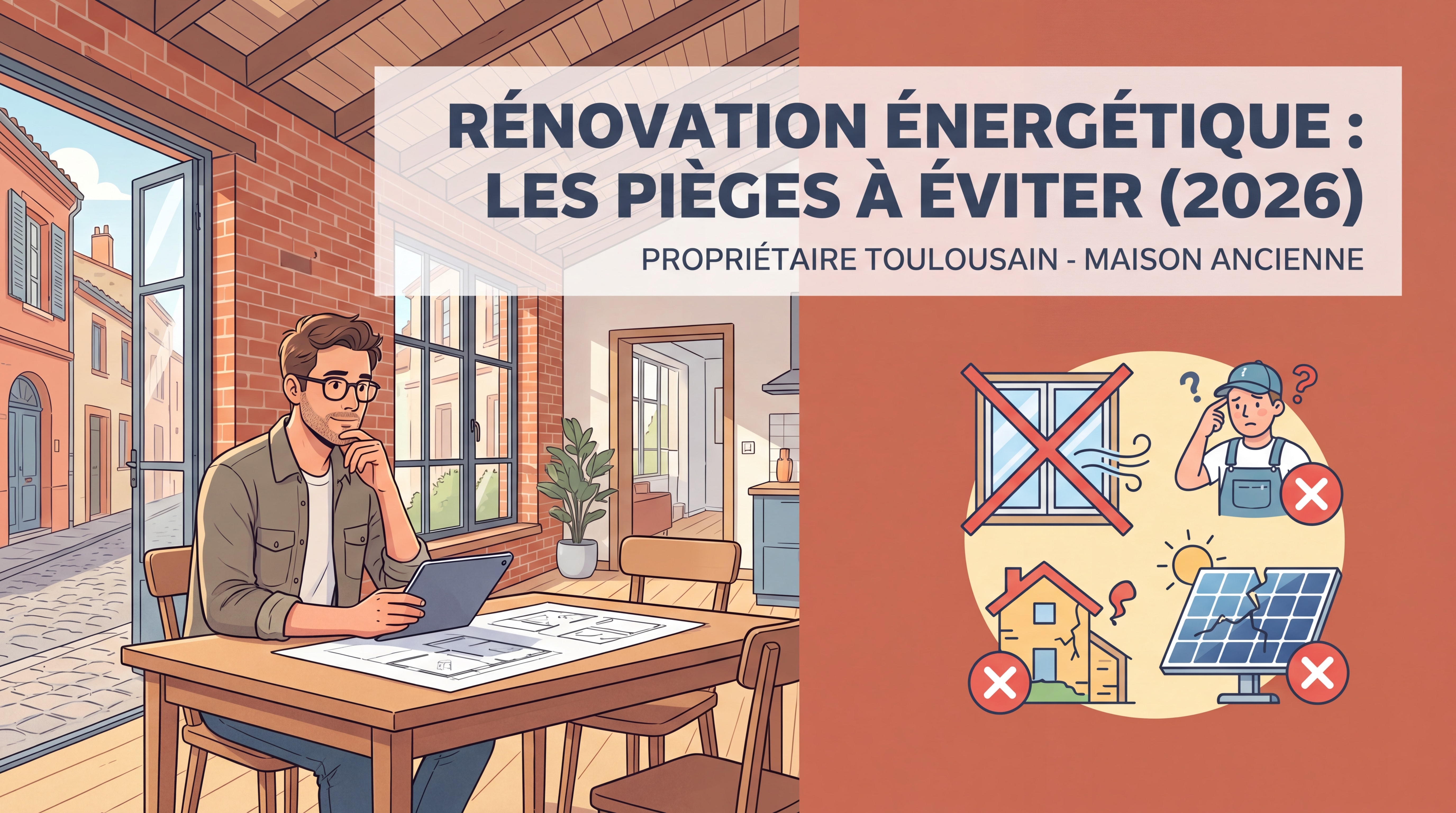 Propriétaire toulousain découvrant les erreurs courantes de rénovation énergétique à éviter en 2026 - maison ancienne en briques roses Toulouse