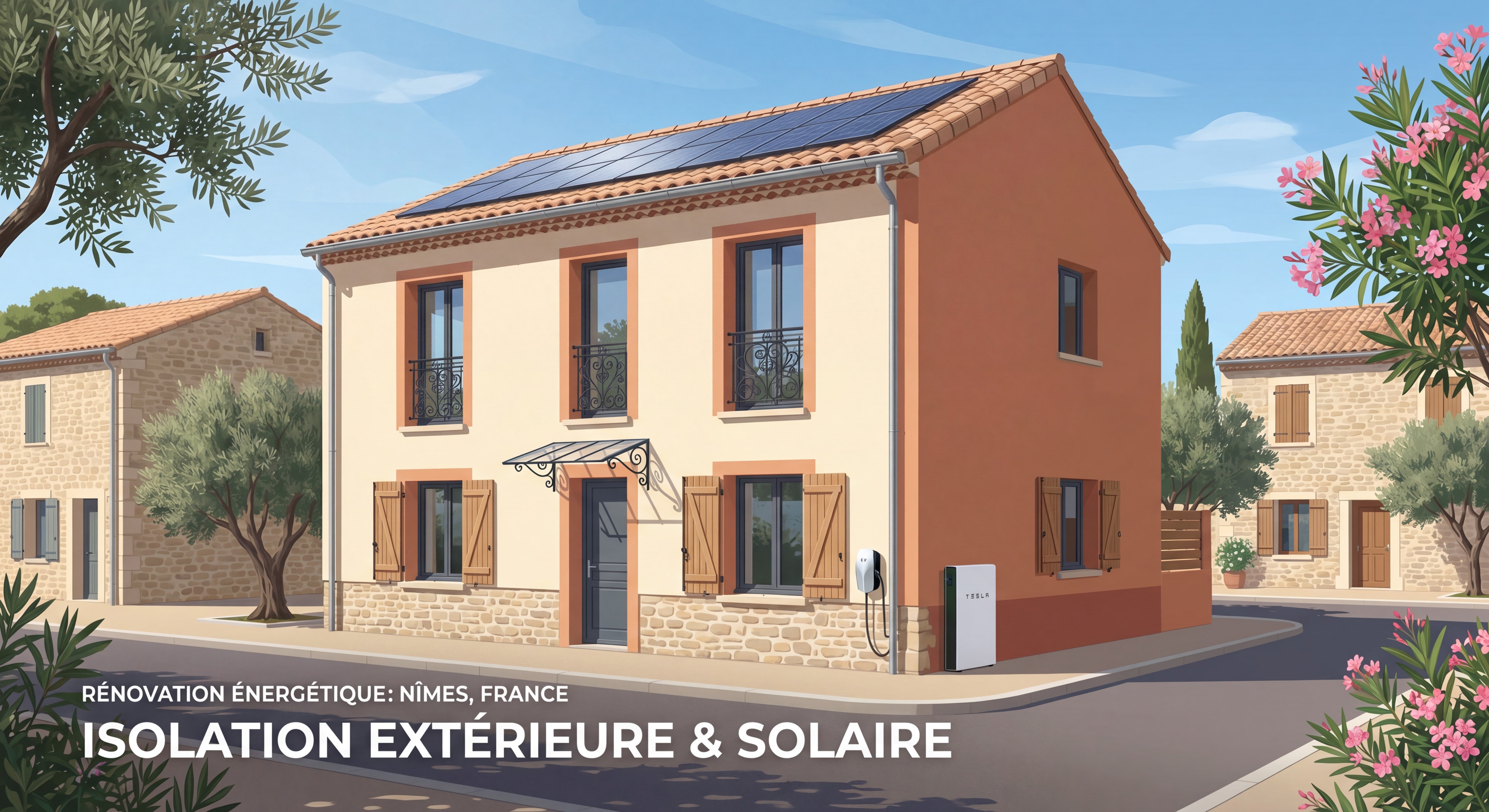 Maison rénovée à Nîmes avec isolation thermique extérieure et panneaux solaires, vue de façade dans un quartier résidentiel gardois