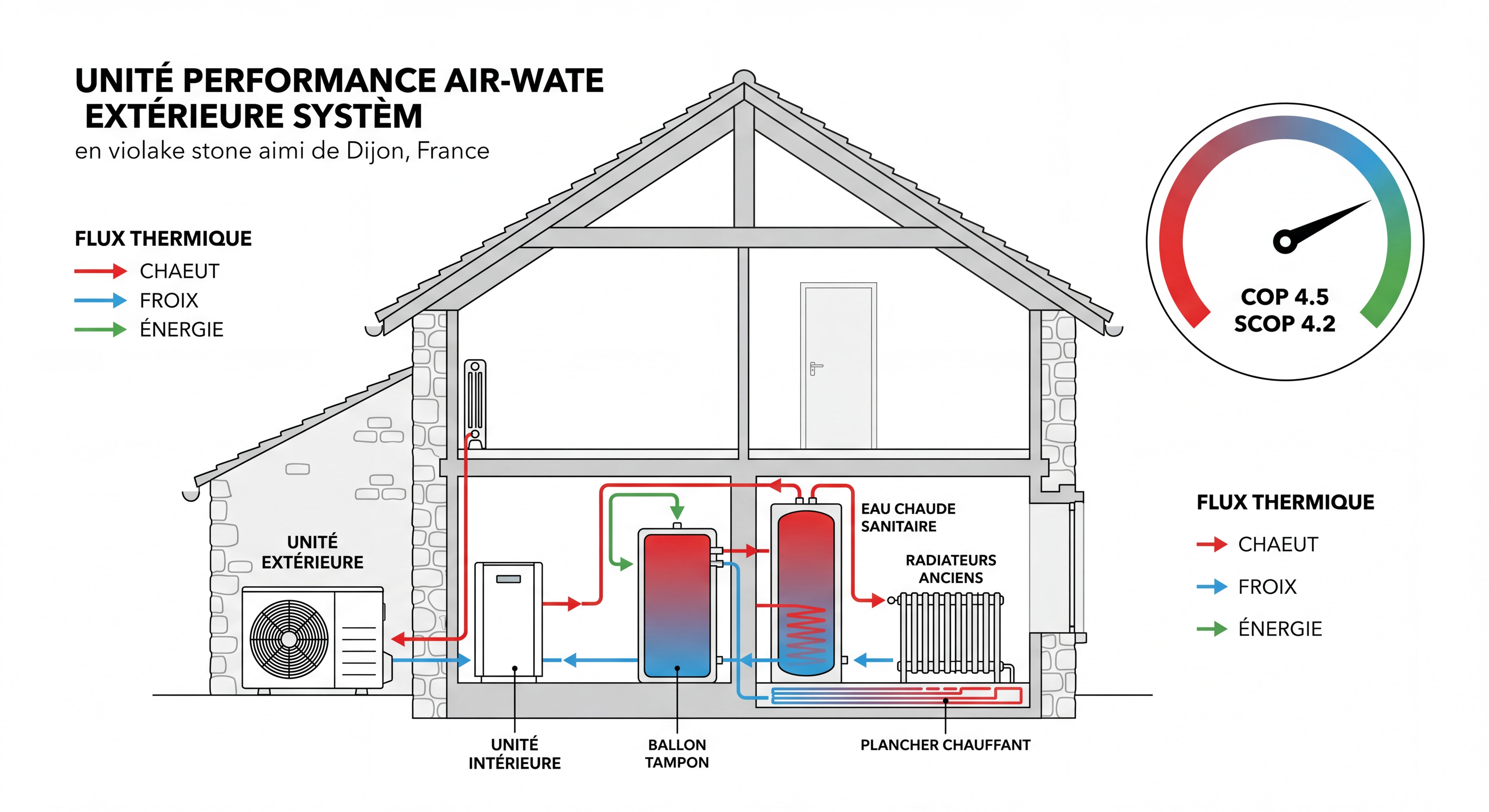 Schéma technique d'une pompe à chaleur air-eau haute performance installée dans une maison ancienne dijonnaise avec indicateurs de COP et flux thermiques