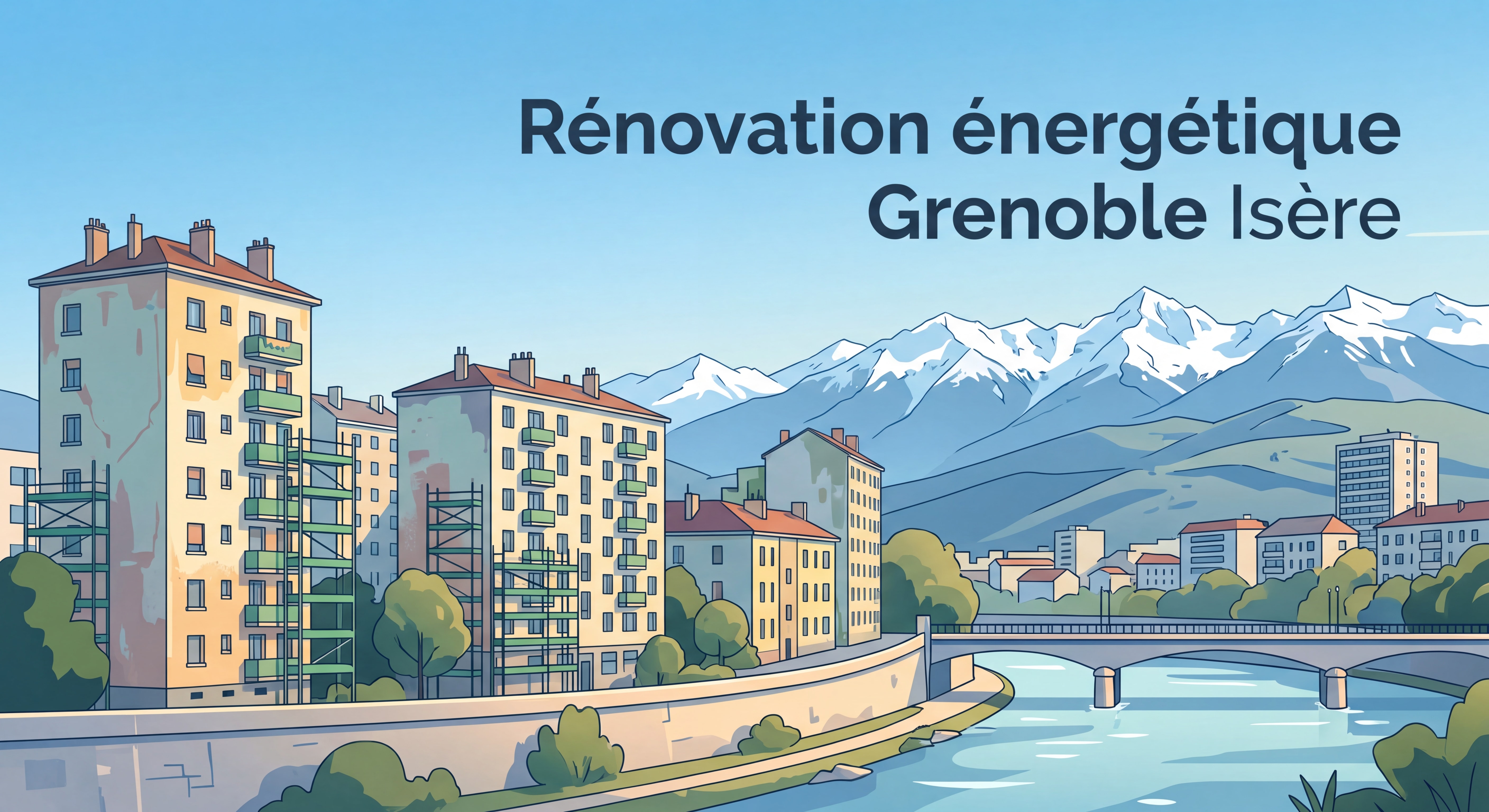 Vue de Grenoble avec immeubles résidentiels à rénover et massif de Belledonne en arrière-plan, rénovation énergétique Grenoble Isère