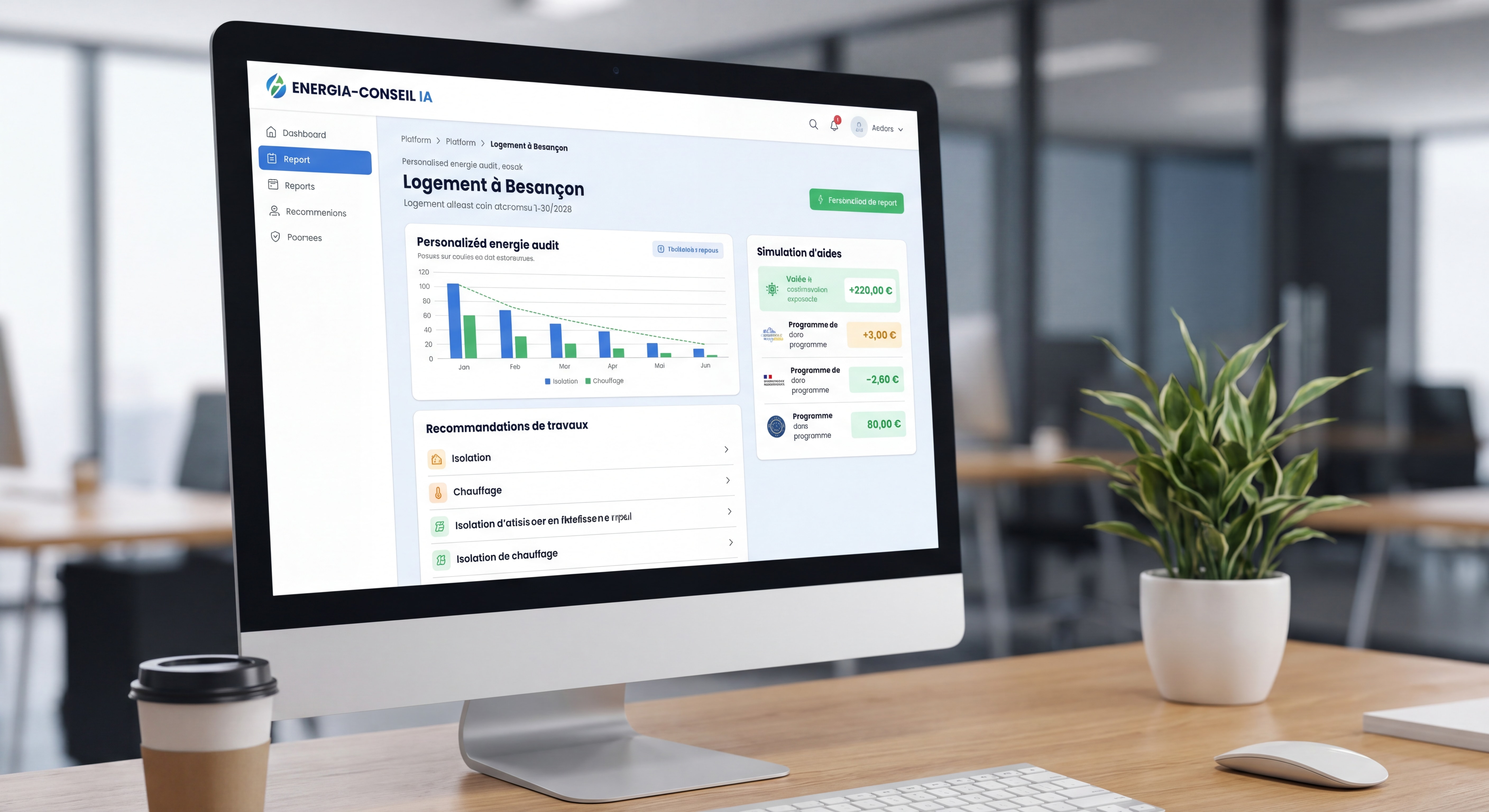 Interface de la plateforme ENERGIA-CONSEIL IA avec rapport d'audit énergétique personnalisé sur écran, recommandations de travaux et simulation d'aides pour un logement à Besançon