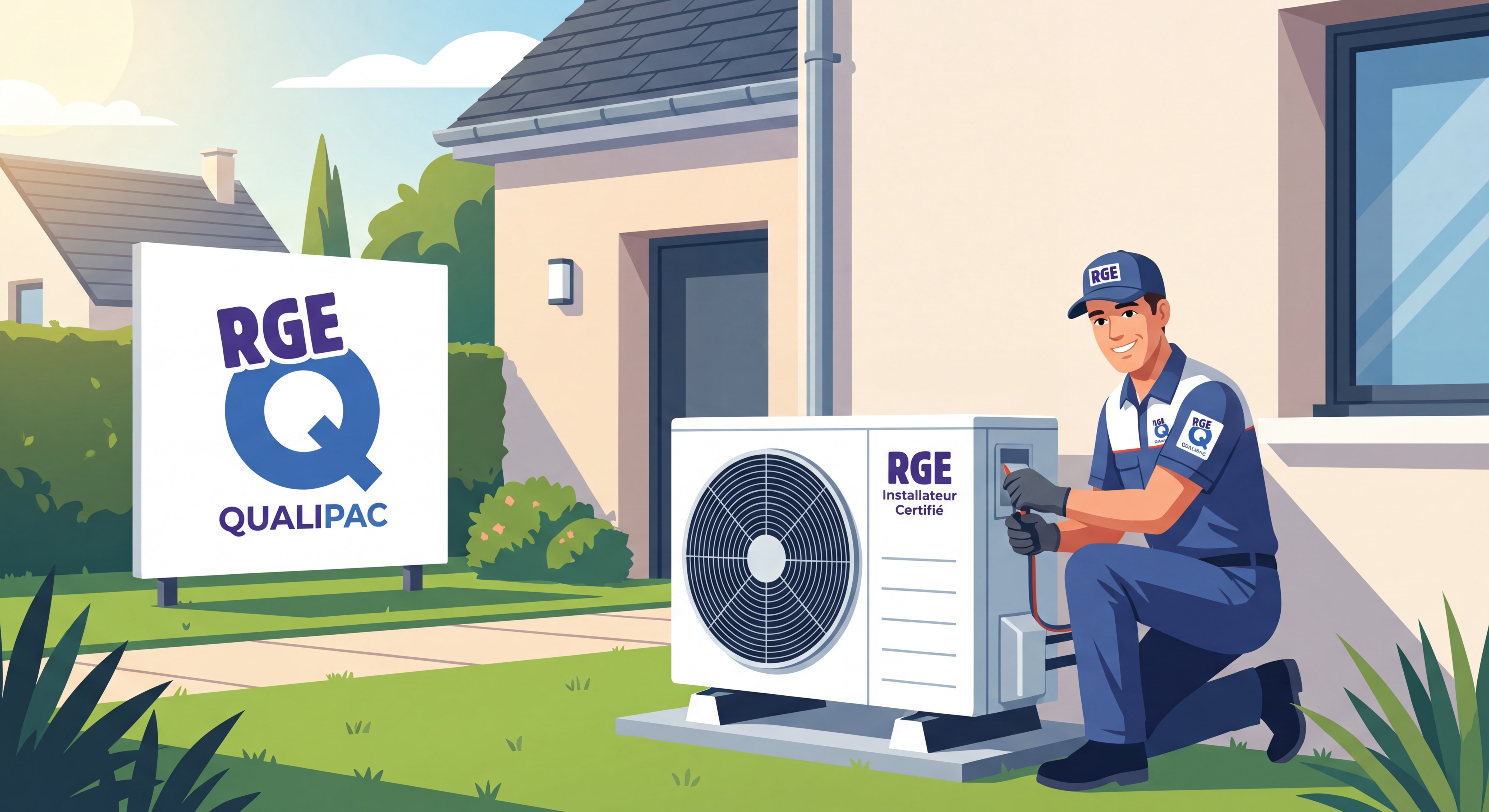 Technicien RGE installant une pompe à chaleur air-eau dans une maison pavillonnaire à Corbas avec panneau de certification visible