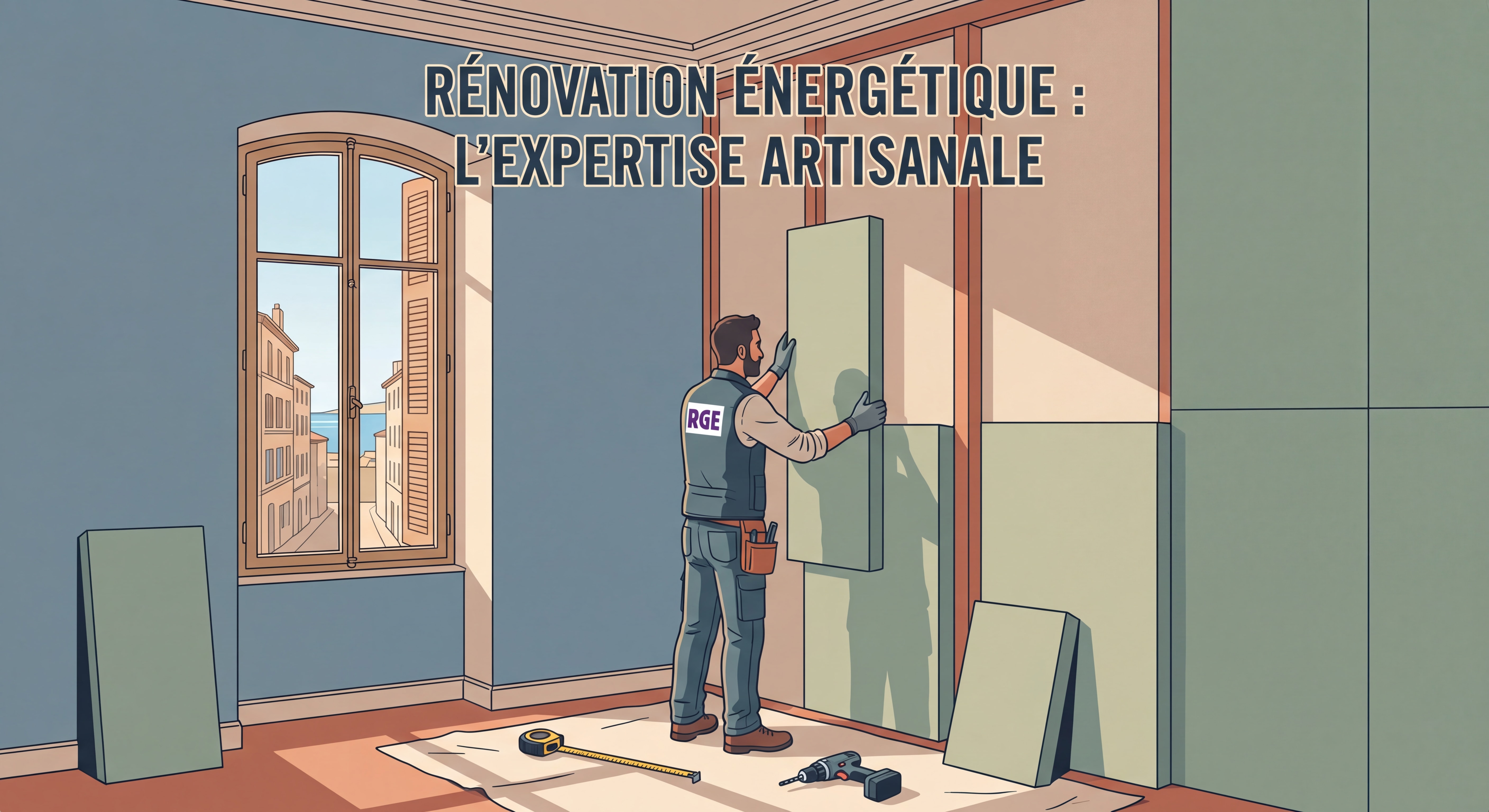 Artisan RGE posant une isolation thermique par l'intérieur dans un appartement marseillais ancien, travaux rénovation énergétique