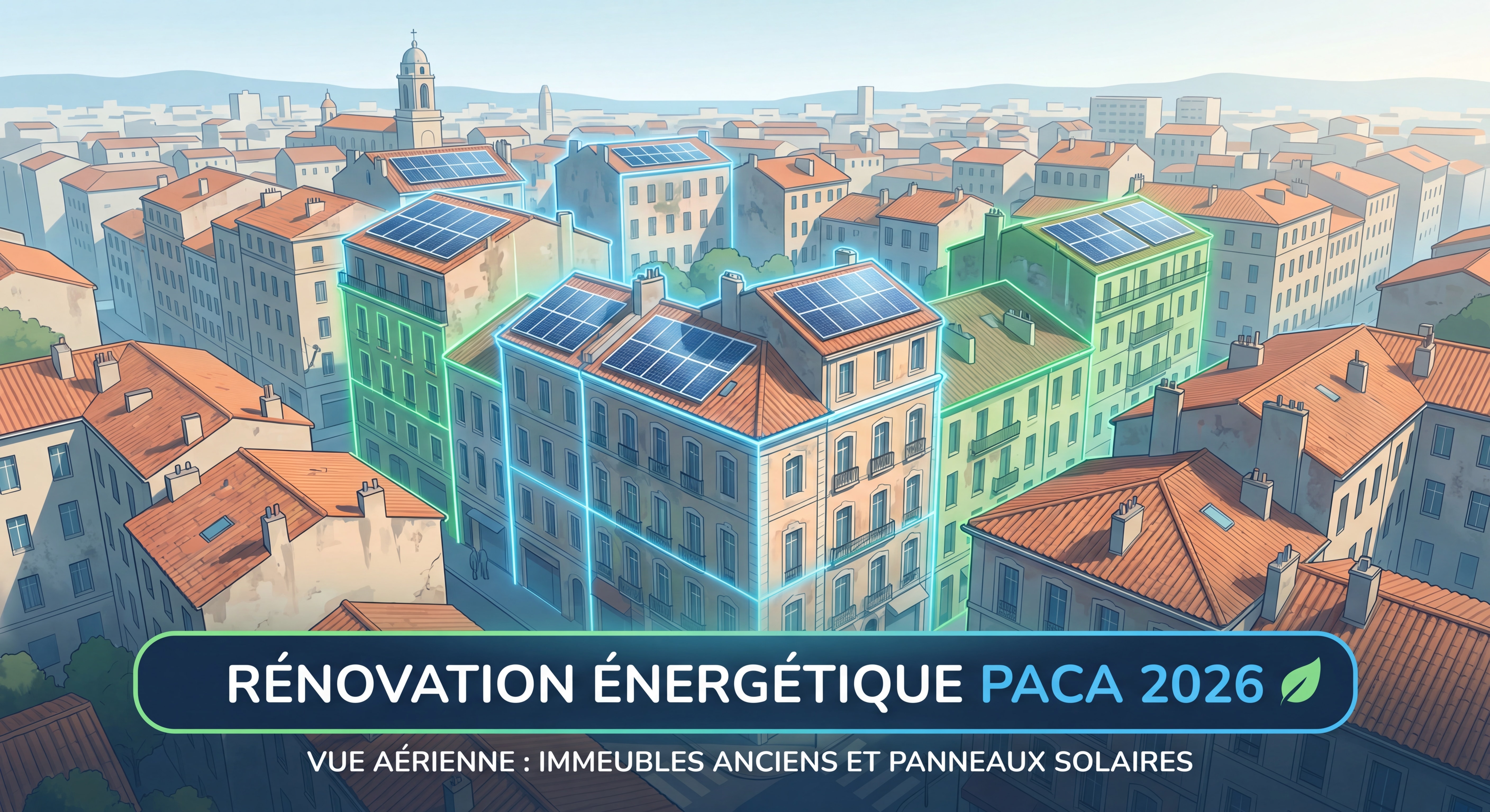 Vue aérienne de Marseille avec immeubles anciens à rénover et panneaux solaires, rénovation énergétique PACA 2026