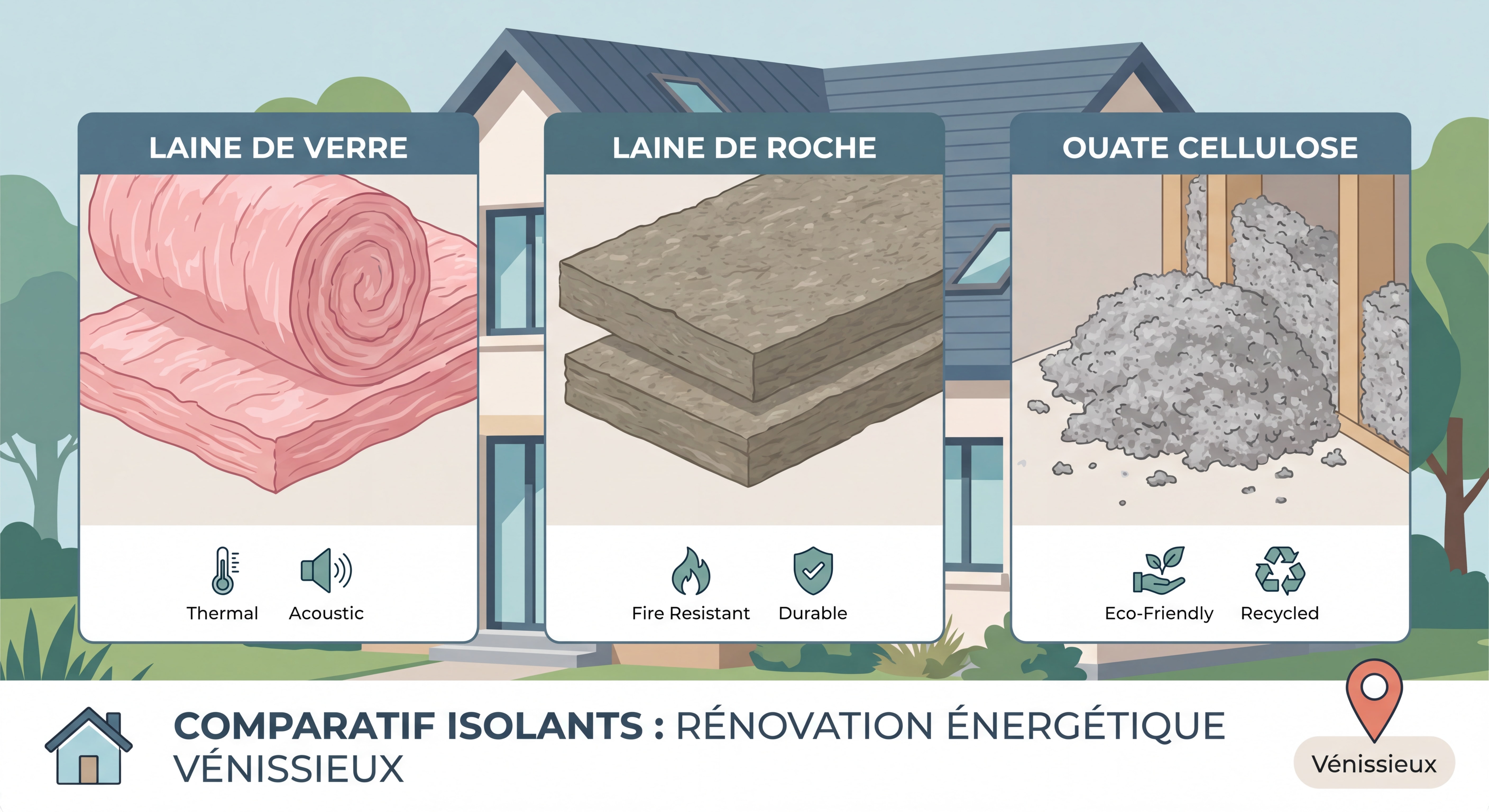 Comparaison matériaux isolants laine de verre laine de roche ouate cellulose pour rénovation énergétique maison Vénissieux