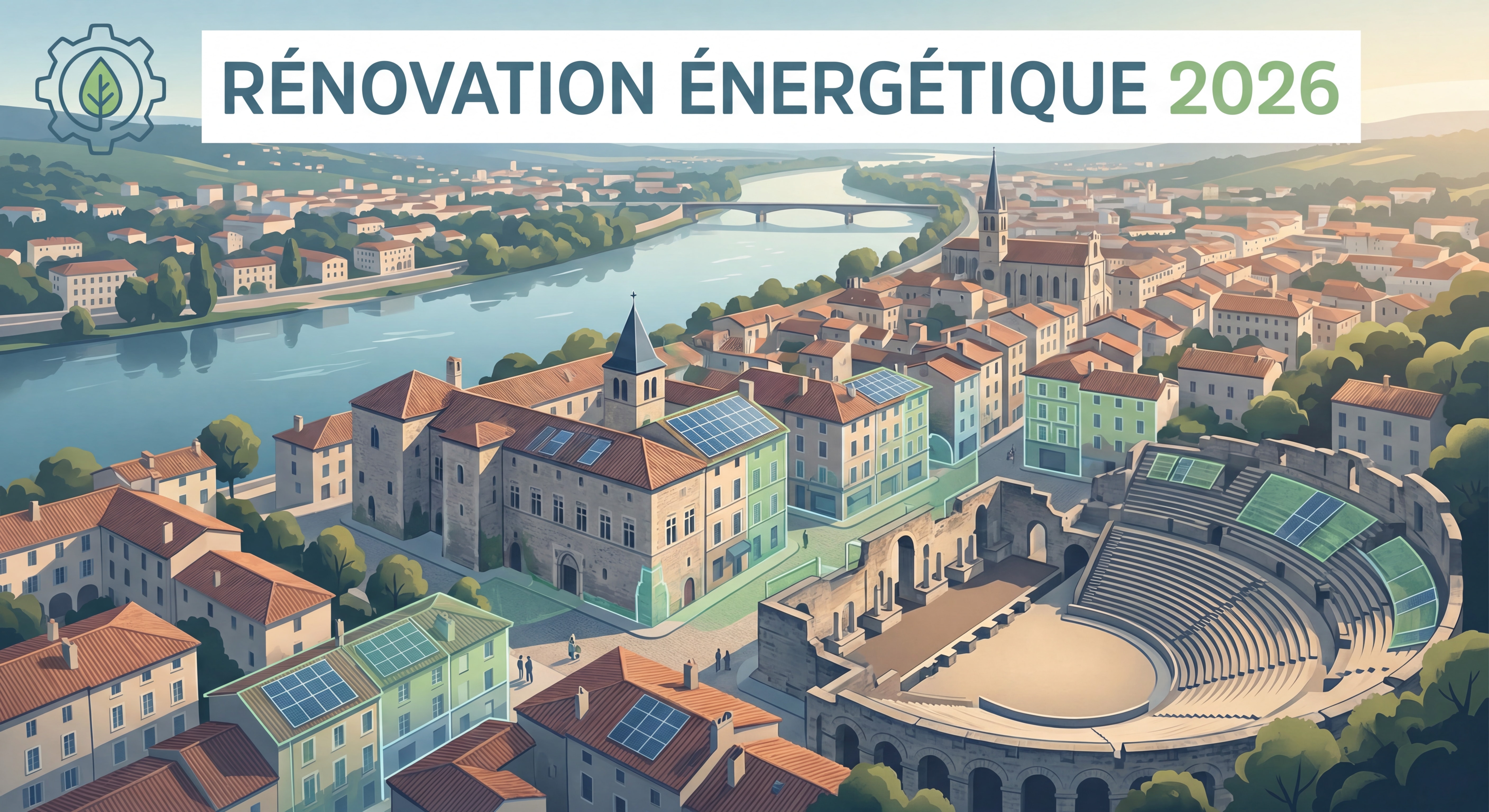 Vue aérienne de Vienne en Isère avec le Rhône et le patrimoine architectural, illustration rénovation énergétique 2026