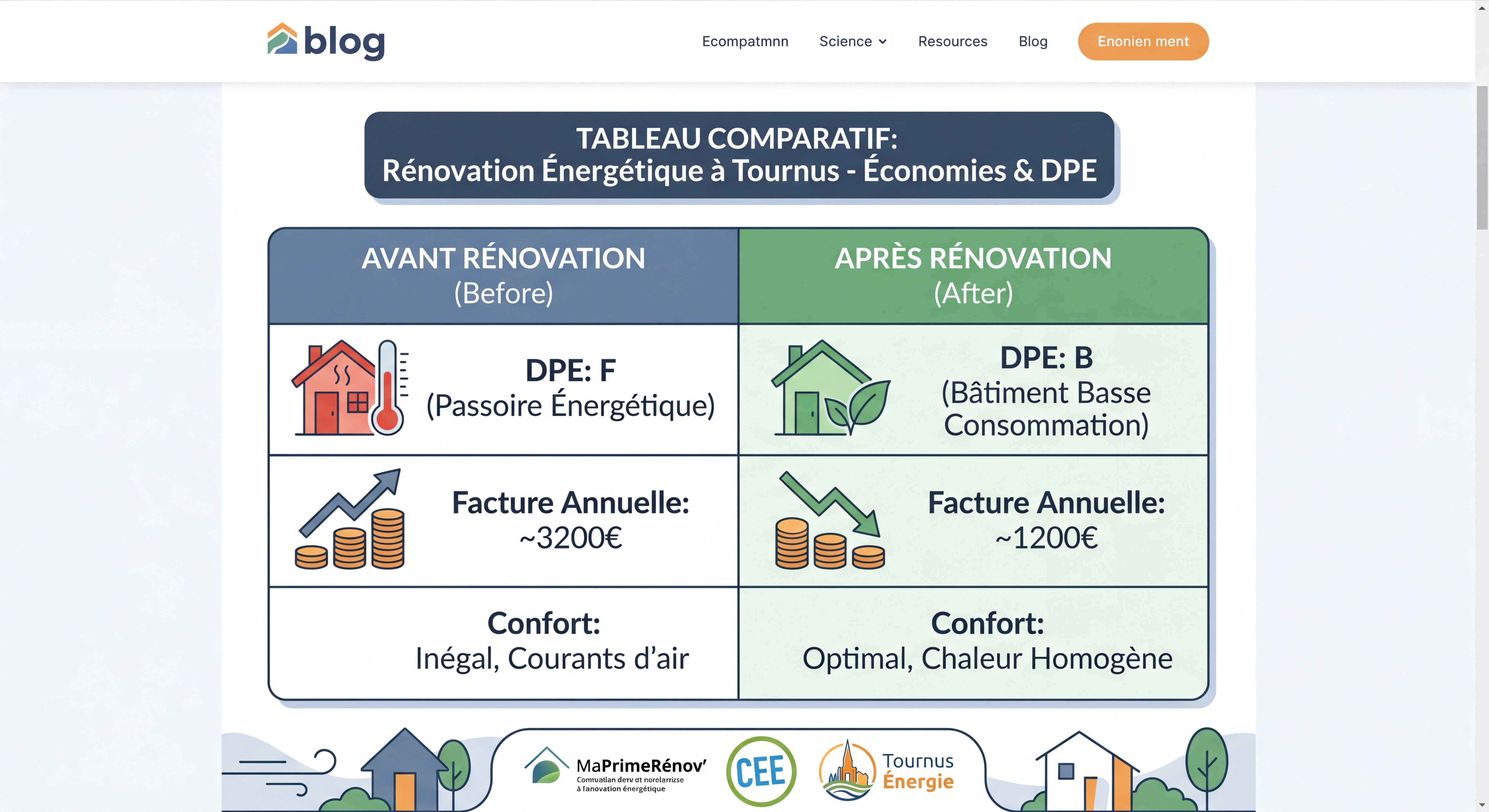Tableau comparatif avant-après rénovation énergétique à Tournus - économies factures et amélioration DPE