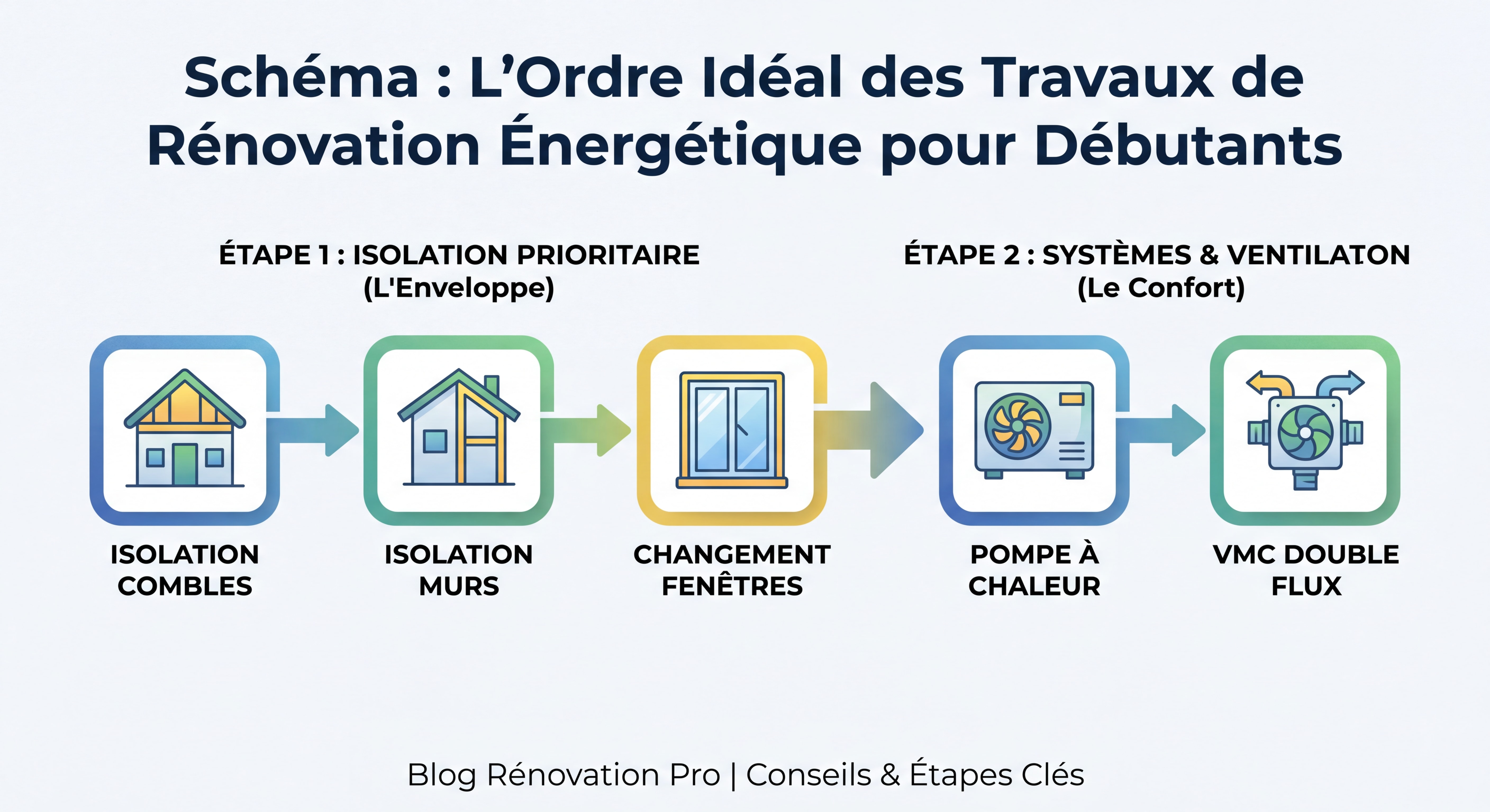 Schéma ordre des travaux rénovation énergétique débutant - isolation combles murs fenêtres puis pompe à chaleur VMC
