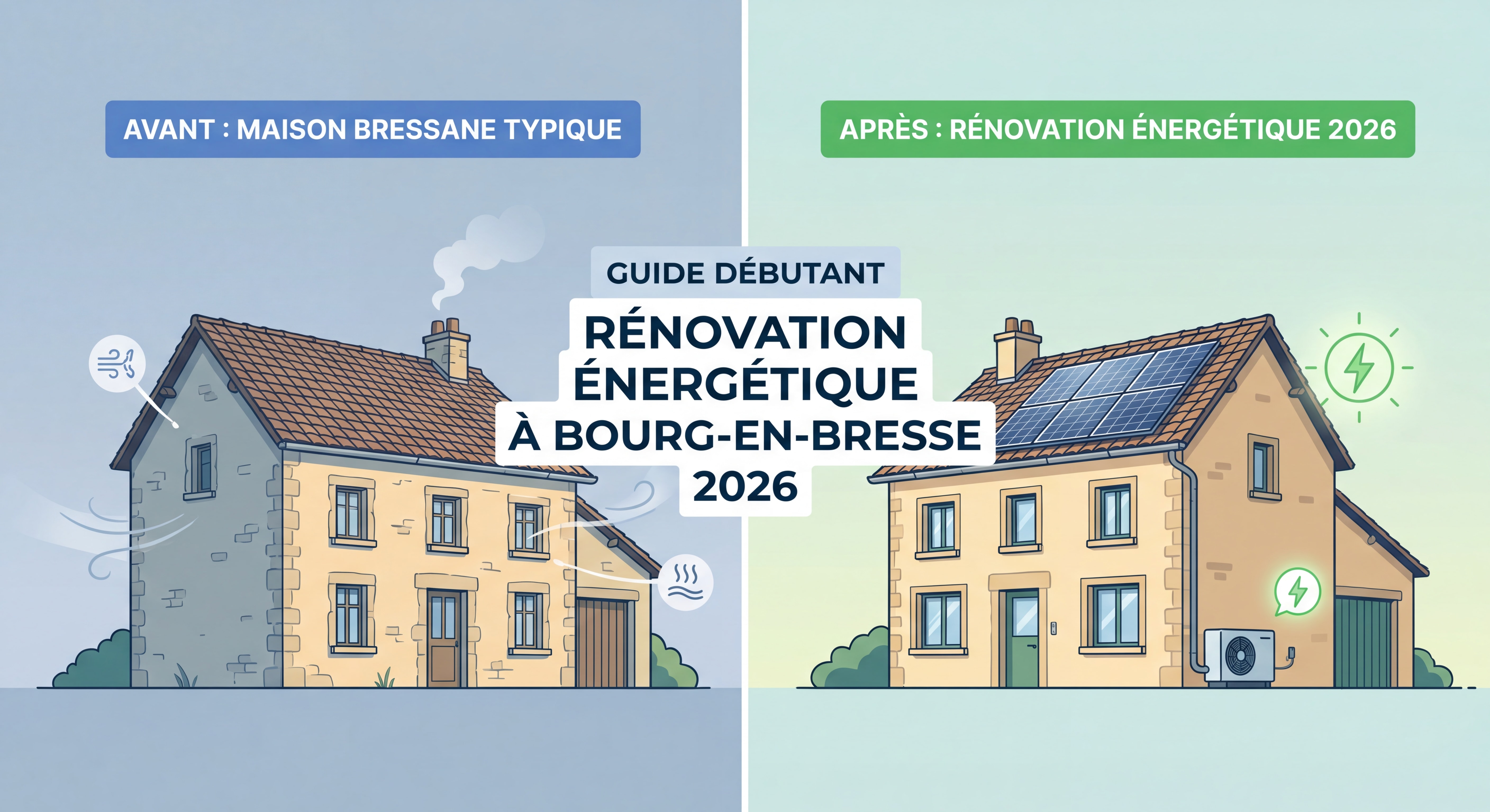 Guide débutant rénovation énergétique Bourg-en-Bresse 2026 - maison bressane typique avant et après rénovation