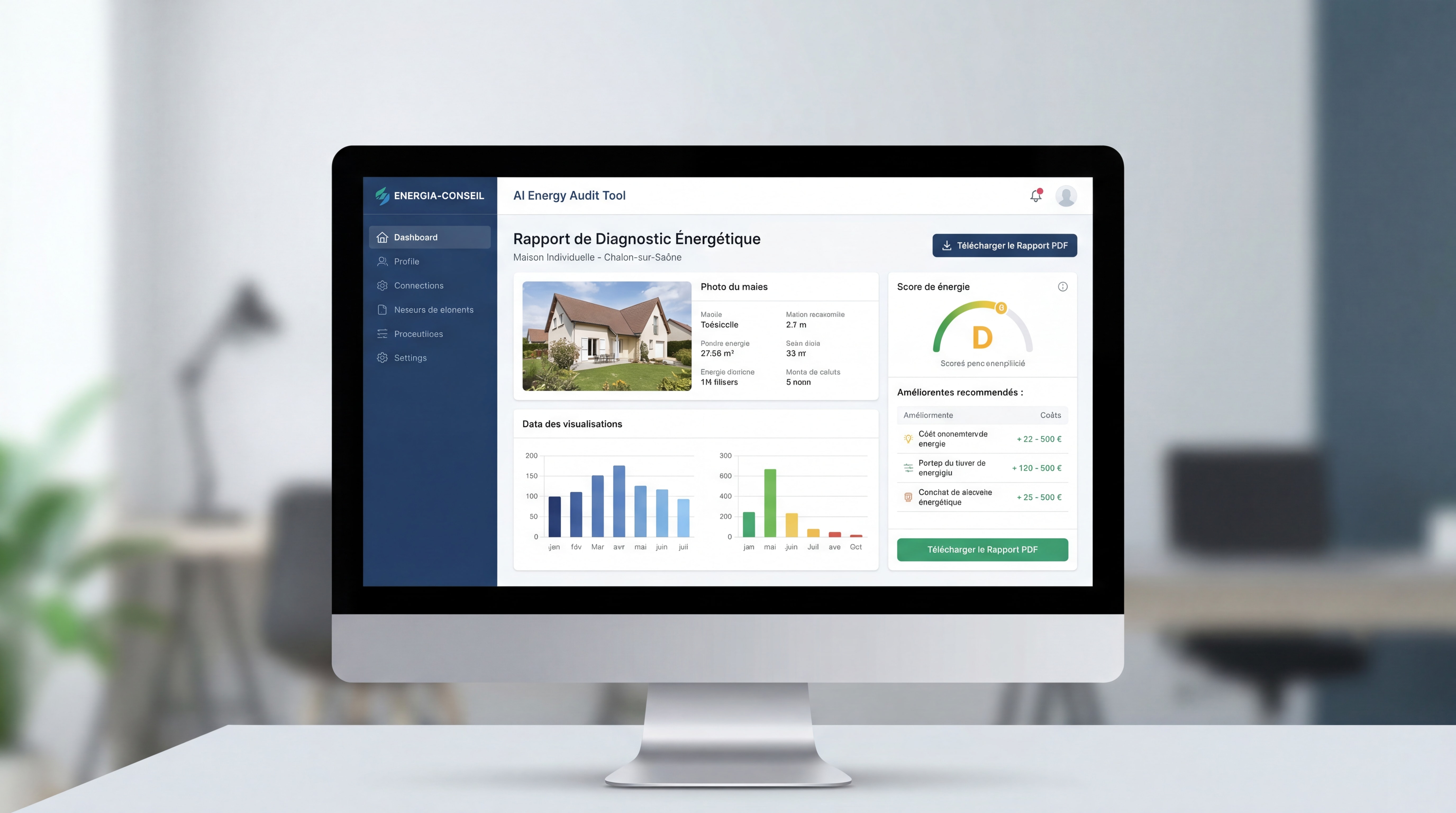 Interface de l'outil d'audit énergétique IA ENERGIA-CONSEIL sur écran, avec rapport de diagnostic énergétique d'une maison de Chalon-sur-Saône