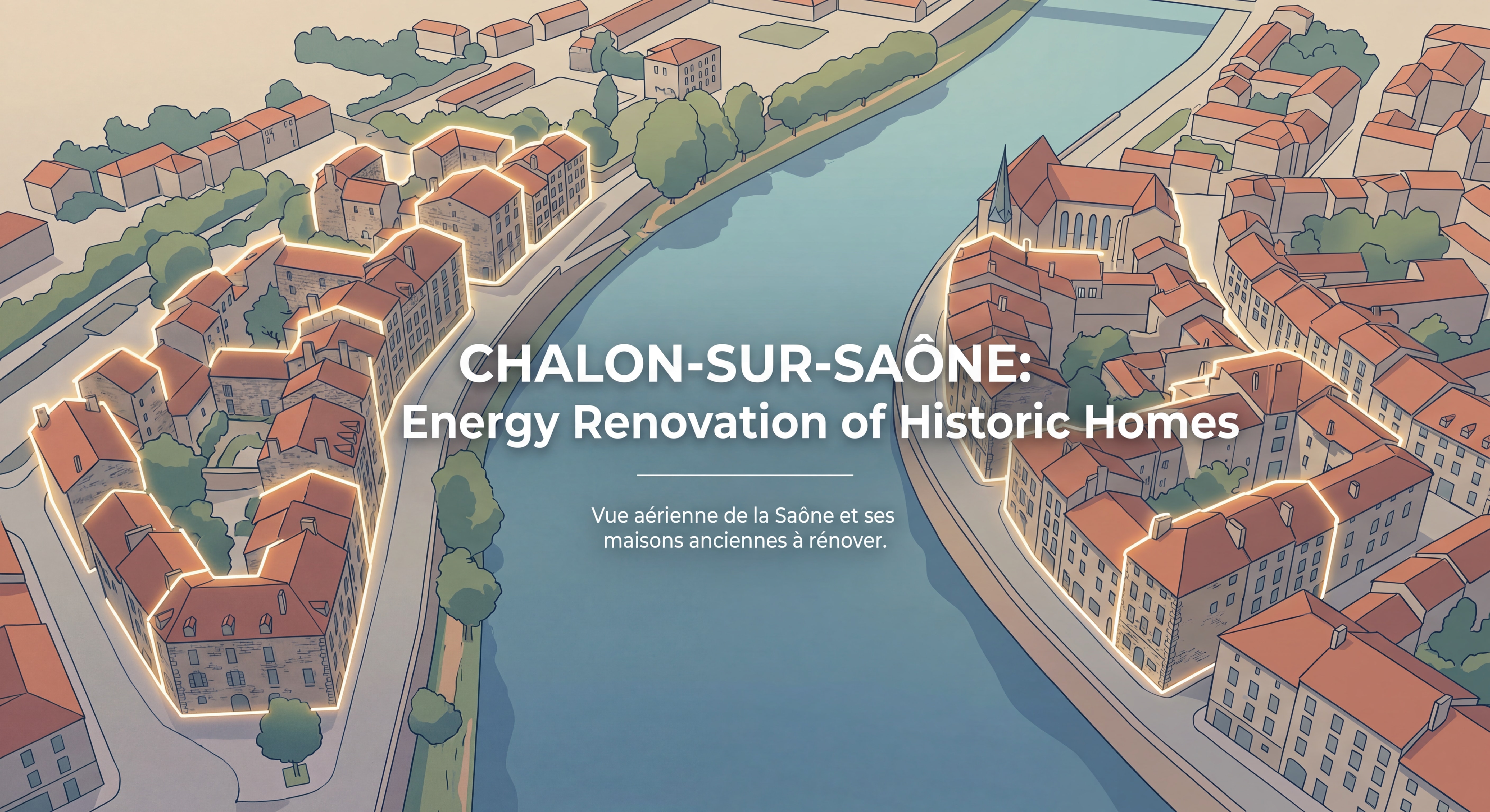 Vue aérienne de Chalon-sur-Saône avec la Saône et ses maisons anciennes à rénover énergétiquement