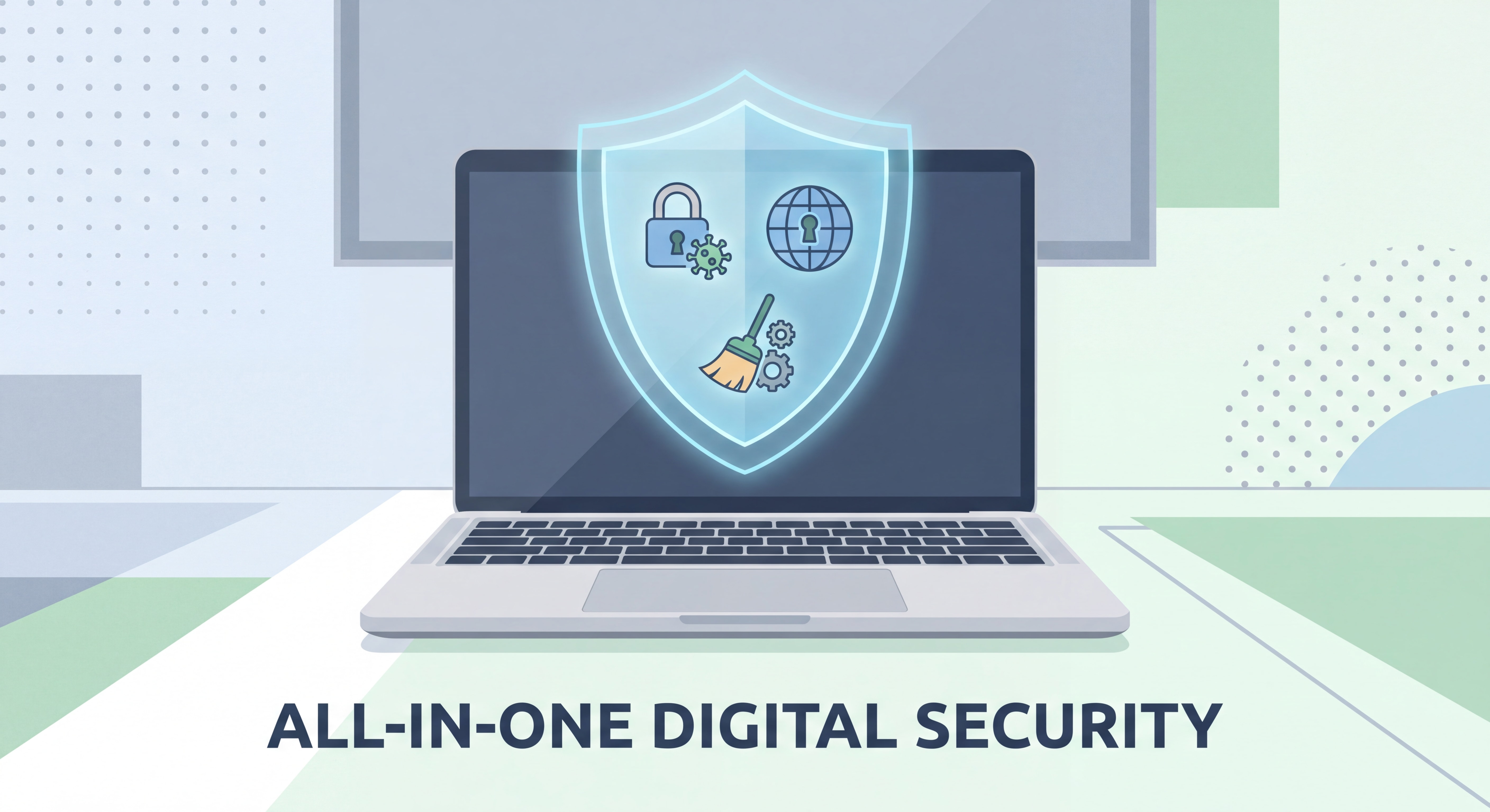 Illustration d'un ordinateur portable avec un bouclier de protection numérique, symbolisant la sécurité informatique tout-en-un avec antivirus, VPN et nettoyage PC