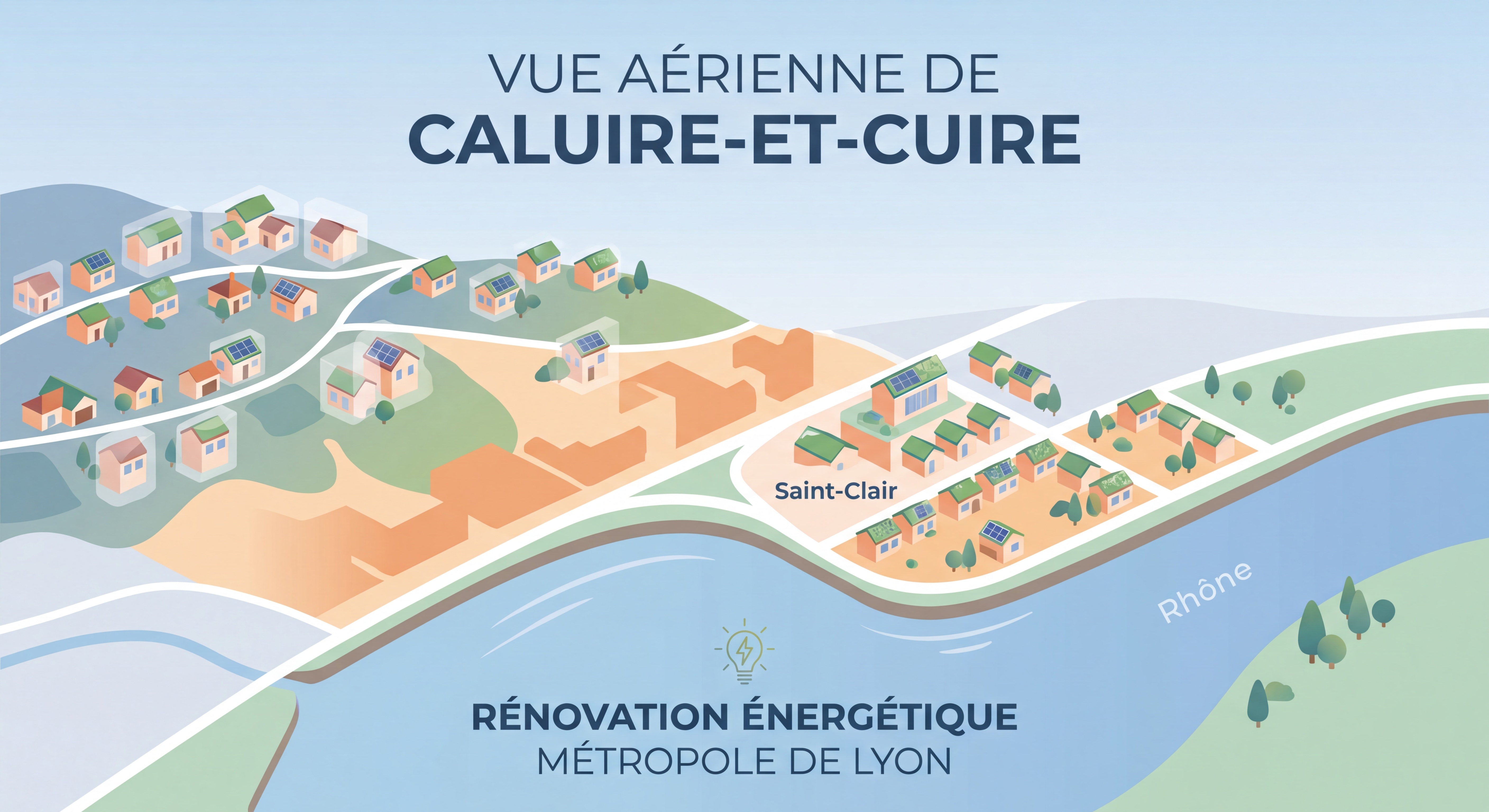 Vue aérienne de Caluire-et-Cuire avec maisons résidentielles des coteaux et du quartier Saint-Clair, illustration rénovation énergétique Métropole de Lyon