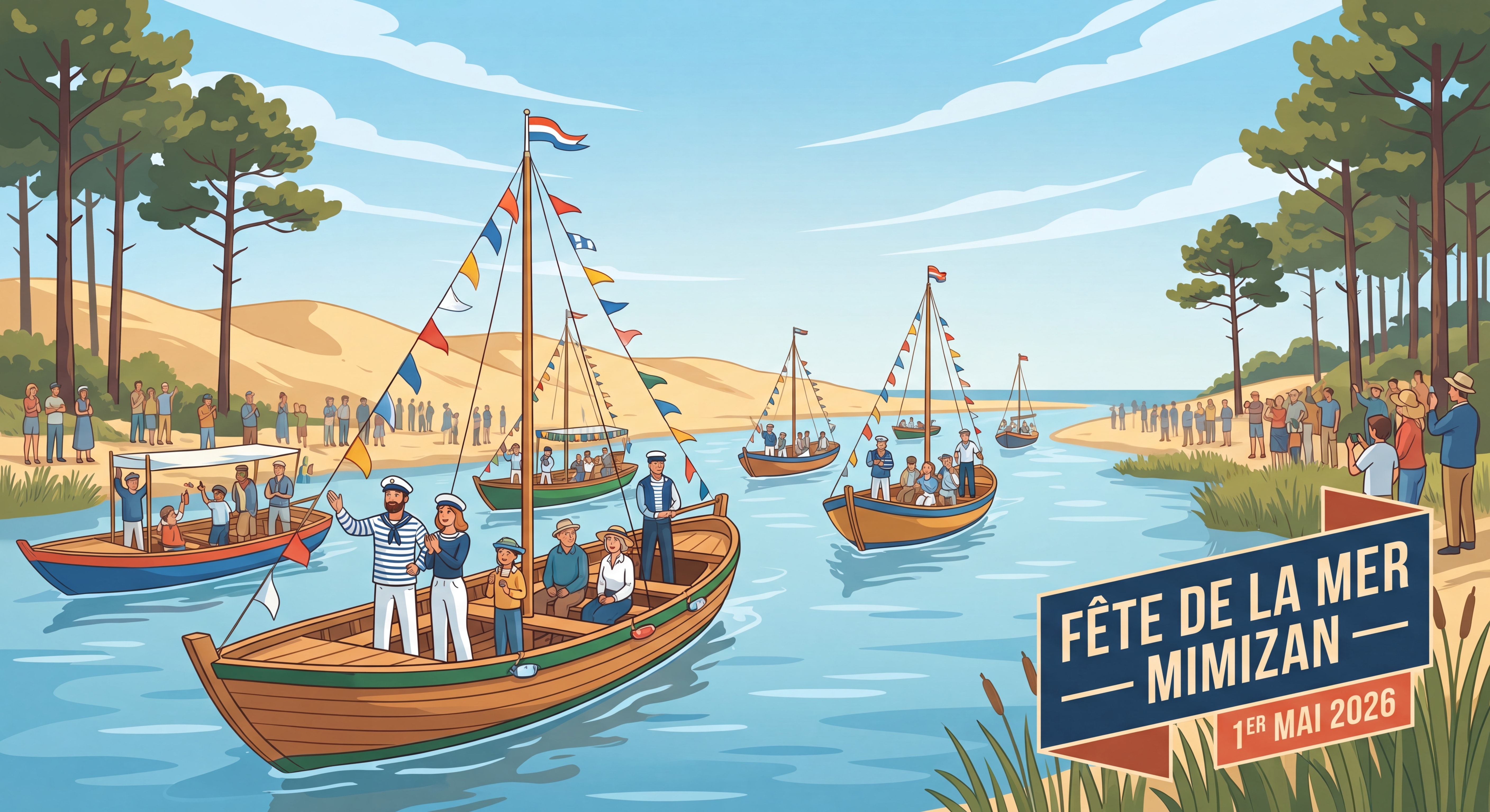 Défilé de pinasses traditionnelles sur le Courant de Mimizan lors de la Fête de la Mer du 1er mai — fete-mer-mimizan-defile-pinasses-2026.webp