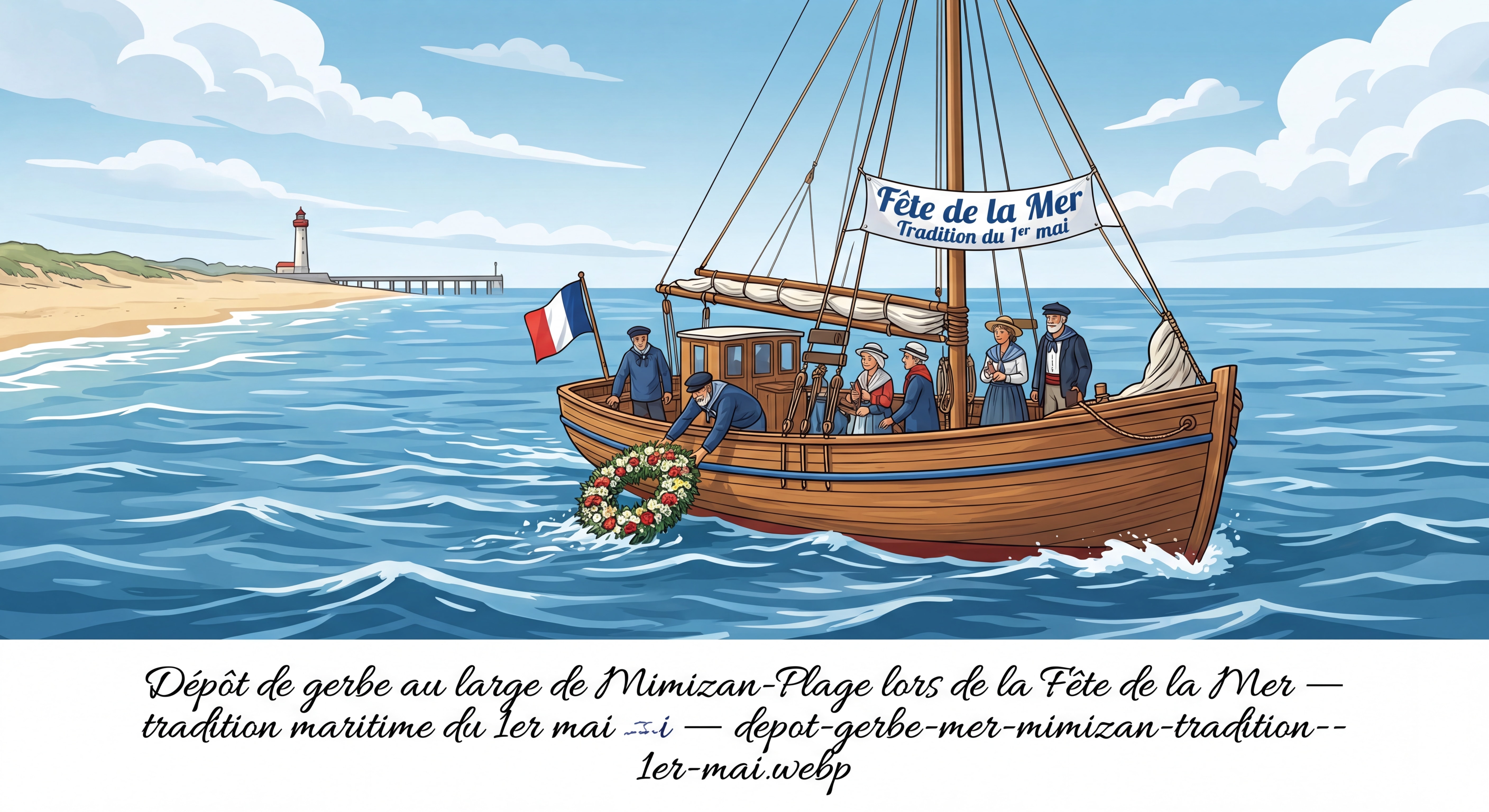 Dépôt de gerbe au large de Mimizan-Plage lors de la Fête de la Mer — tradition maritime du 1er mai — depot-gerbe-mer-mimizan-tradition-1er-mai.webp