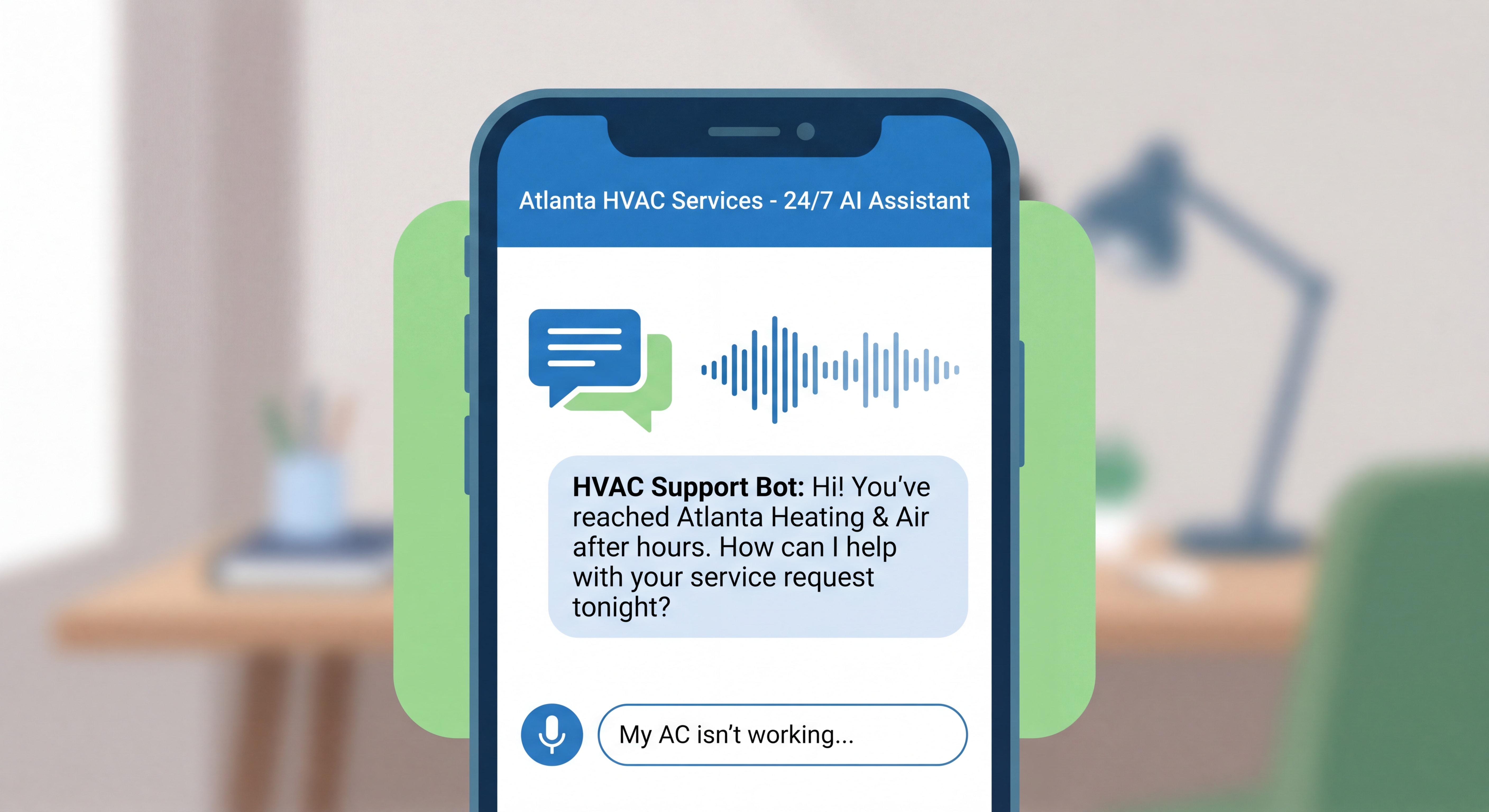 Voice AI chatbot interface showing after-hours call handling for Atlanta HVAC small business