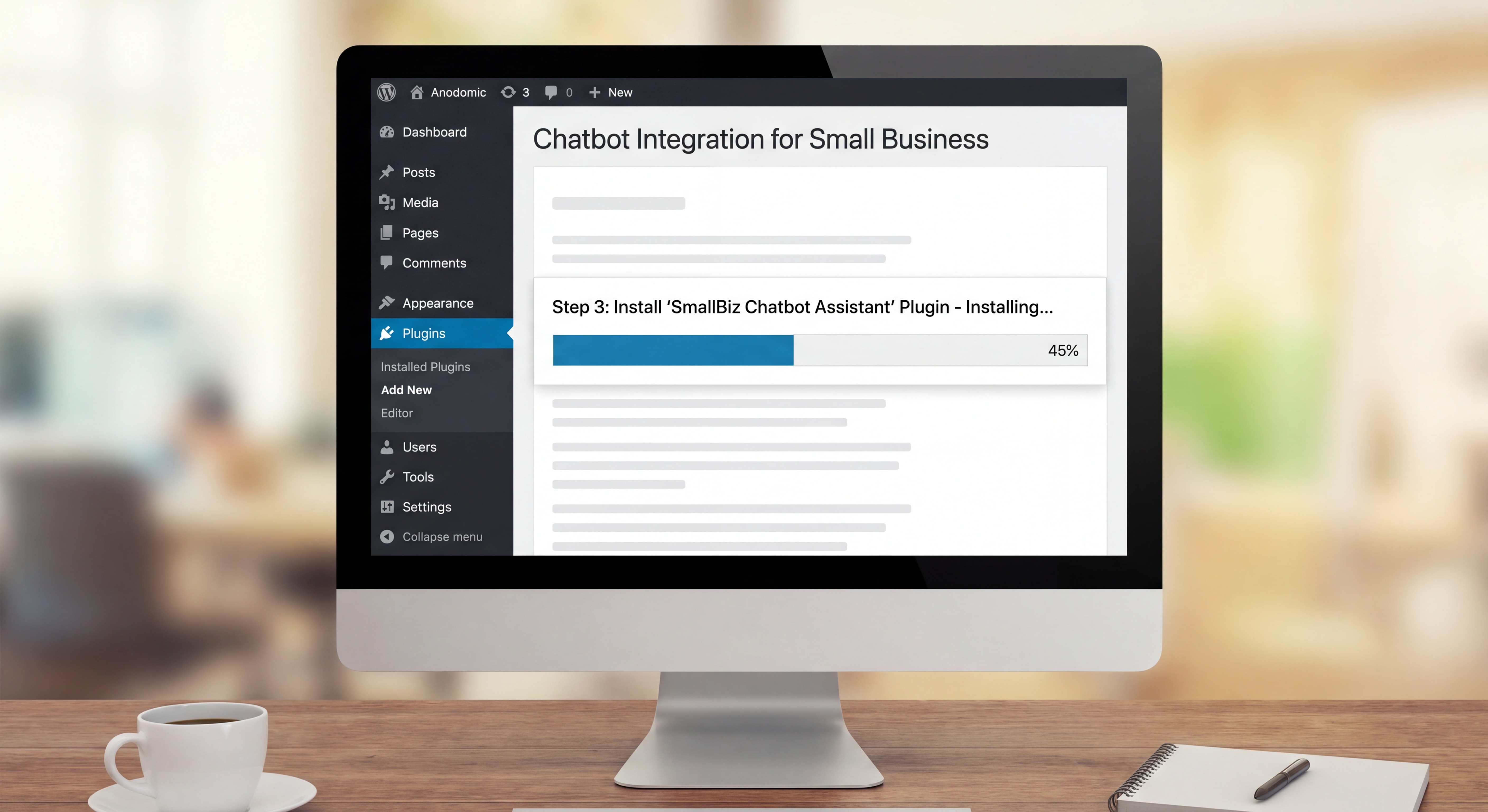 Step-by-step WordPress chatbot plugin installation dashboard screenshot for small business