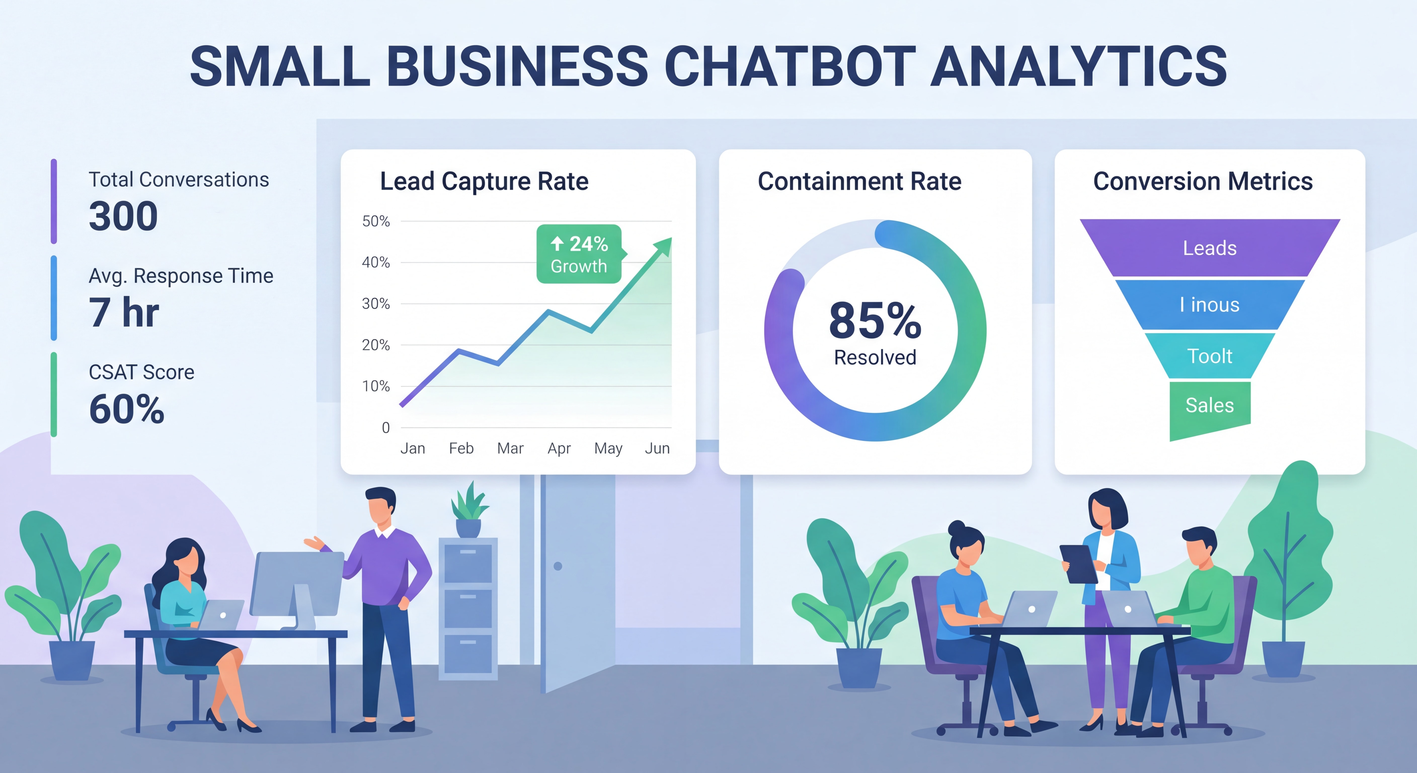 AI chatbot analytics dashboard showing lead capture rate, containment rate, and conversion metrics for small business