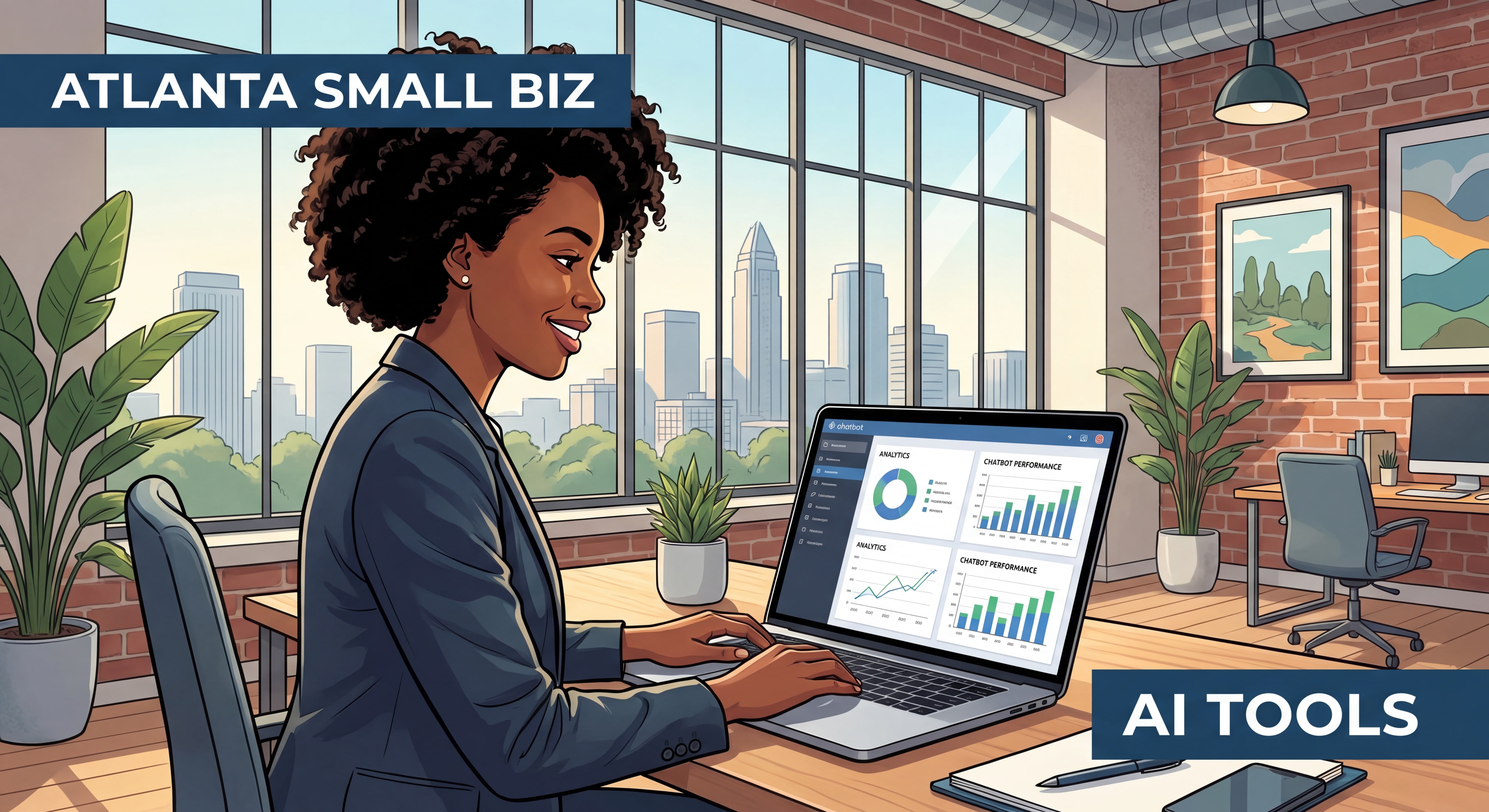 Atlanta small business owner reviewing AI chatbot dashboard on laptop in Buckhead office
