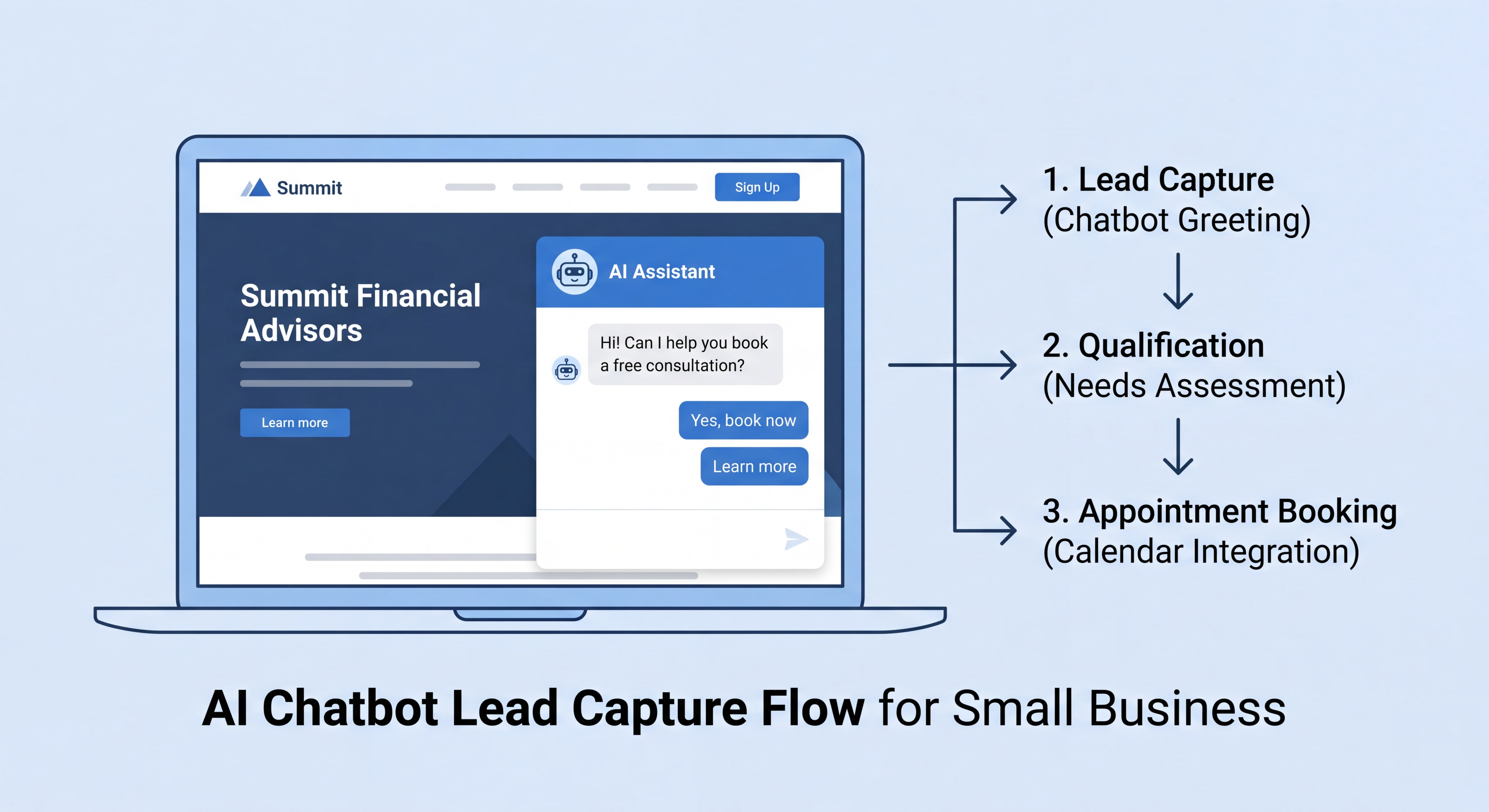 AI chatbot lead capture conversation flow on a small business website showing appointment booking and qualification steps