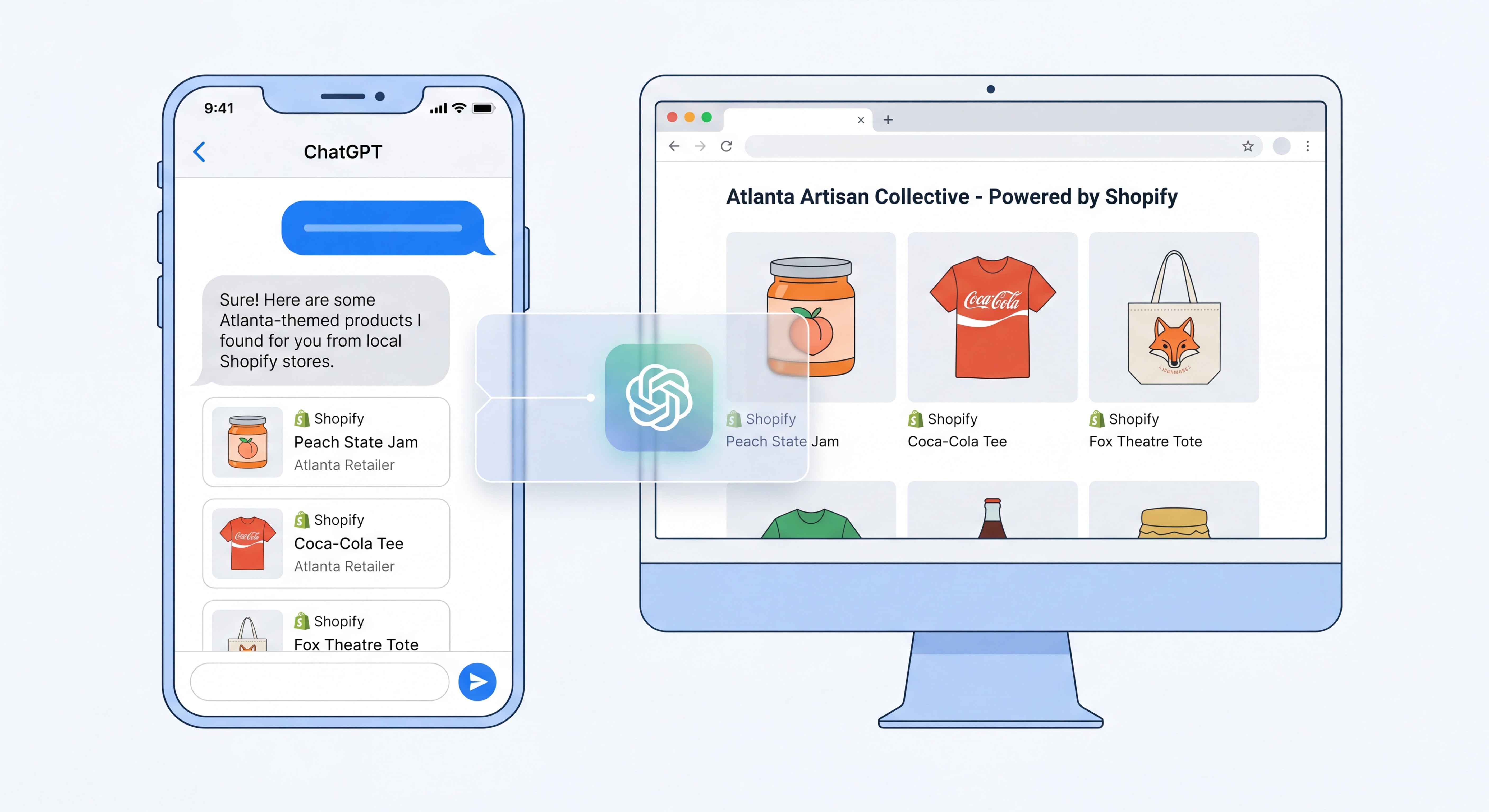 Shopify agentic storefront showing Atlanta retailer products appearing inside a ChatGPT shopping conversation