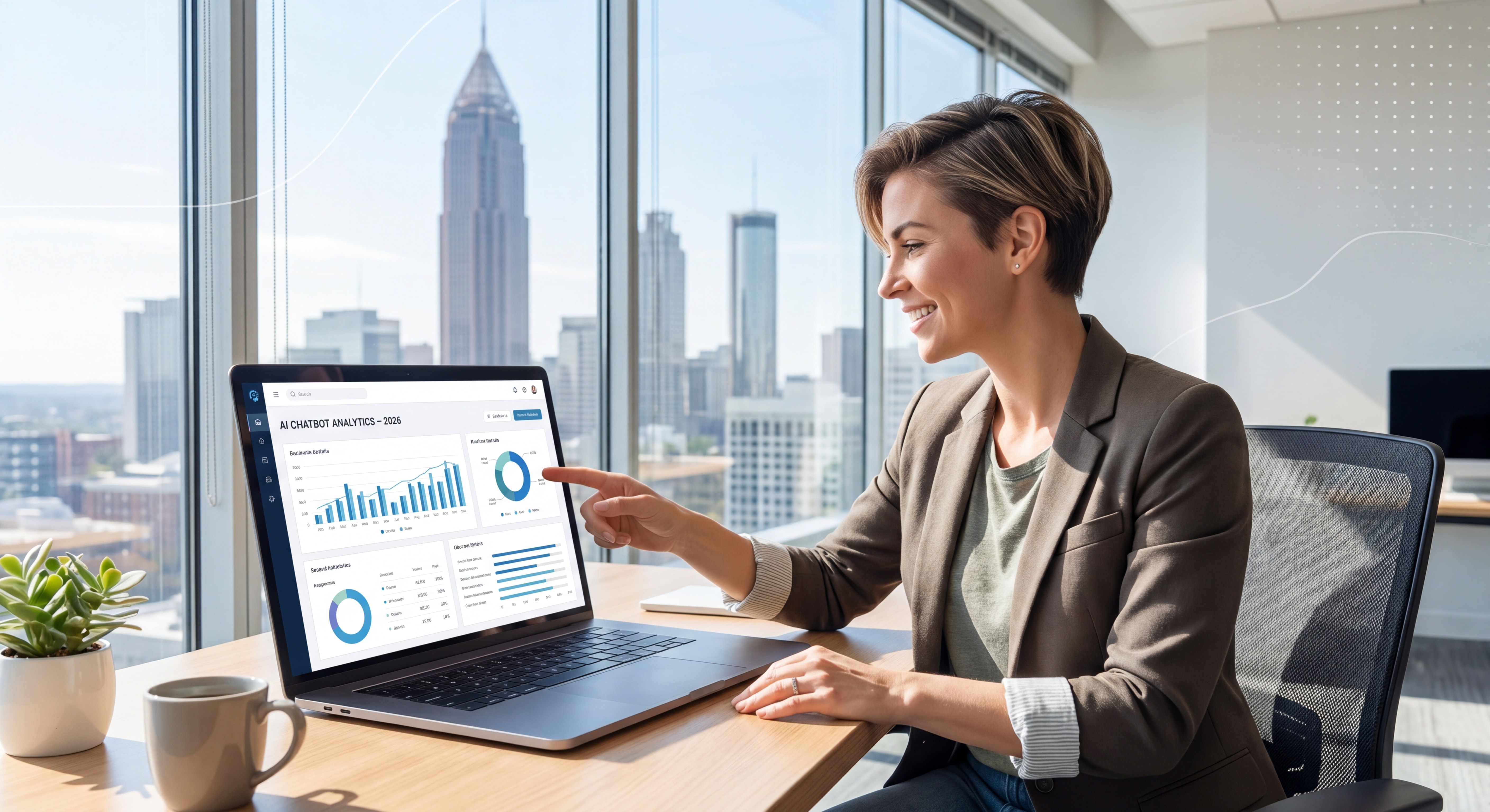Atlanta small business owner reviewing AI chatbot dashboard on laptop in Midtown office, 2026