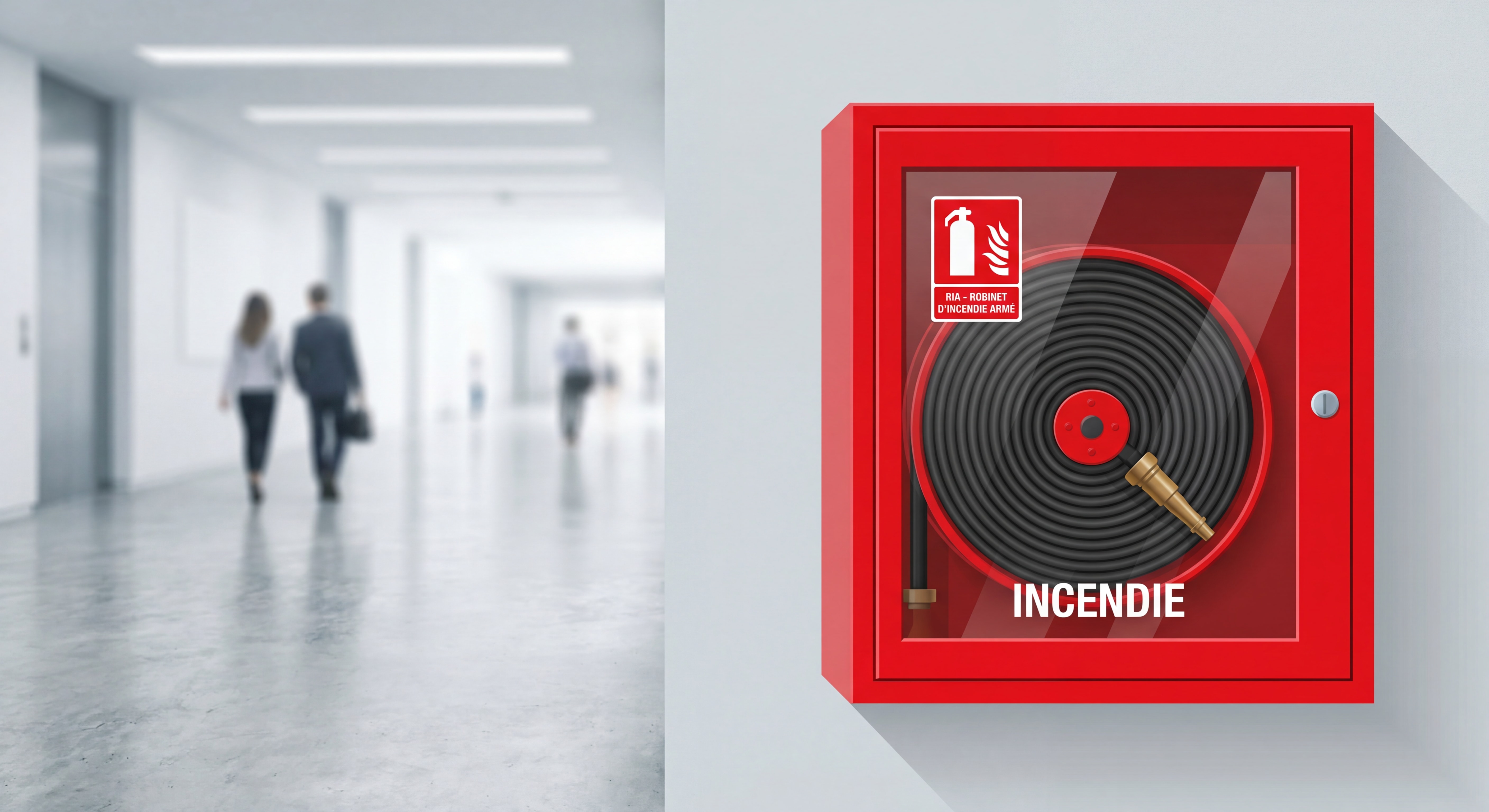 Armoire rouge contenant un RIA avec signalétique réglementaire, tuyau semi-rigide enroulé et lance visible, dans un couloir d'établissement recevant du public