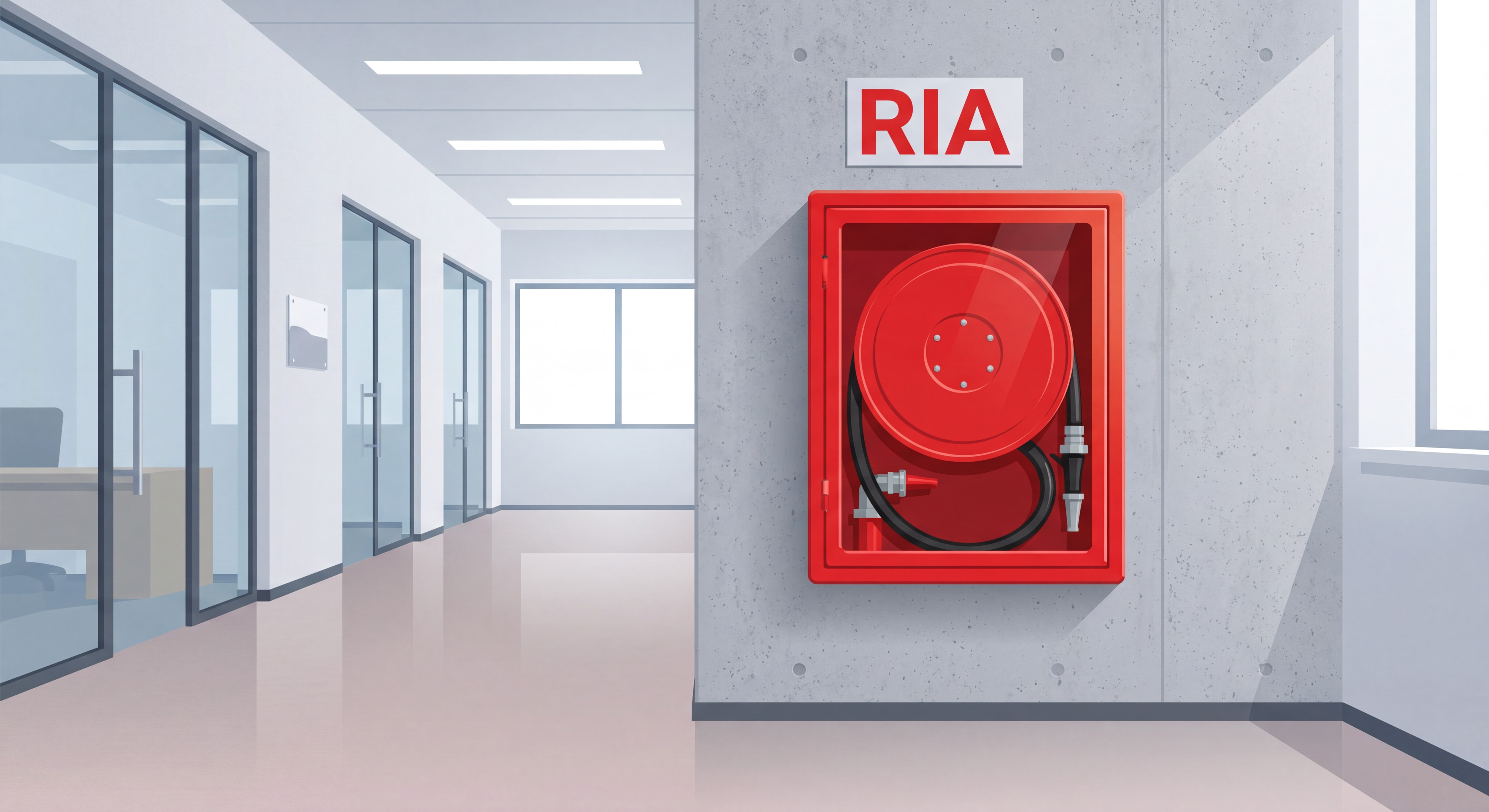 Robinet d'Incendie Armé (RIA) rouge fixé au mur dans un couloir de bâtiment ERP, avec dévidoir et tuyau semi-rigide visible