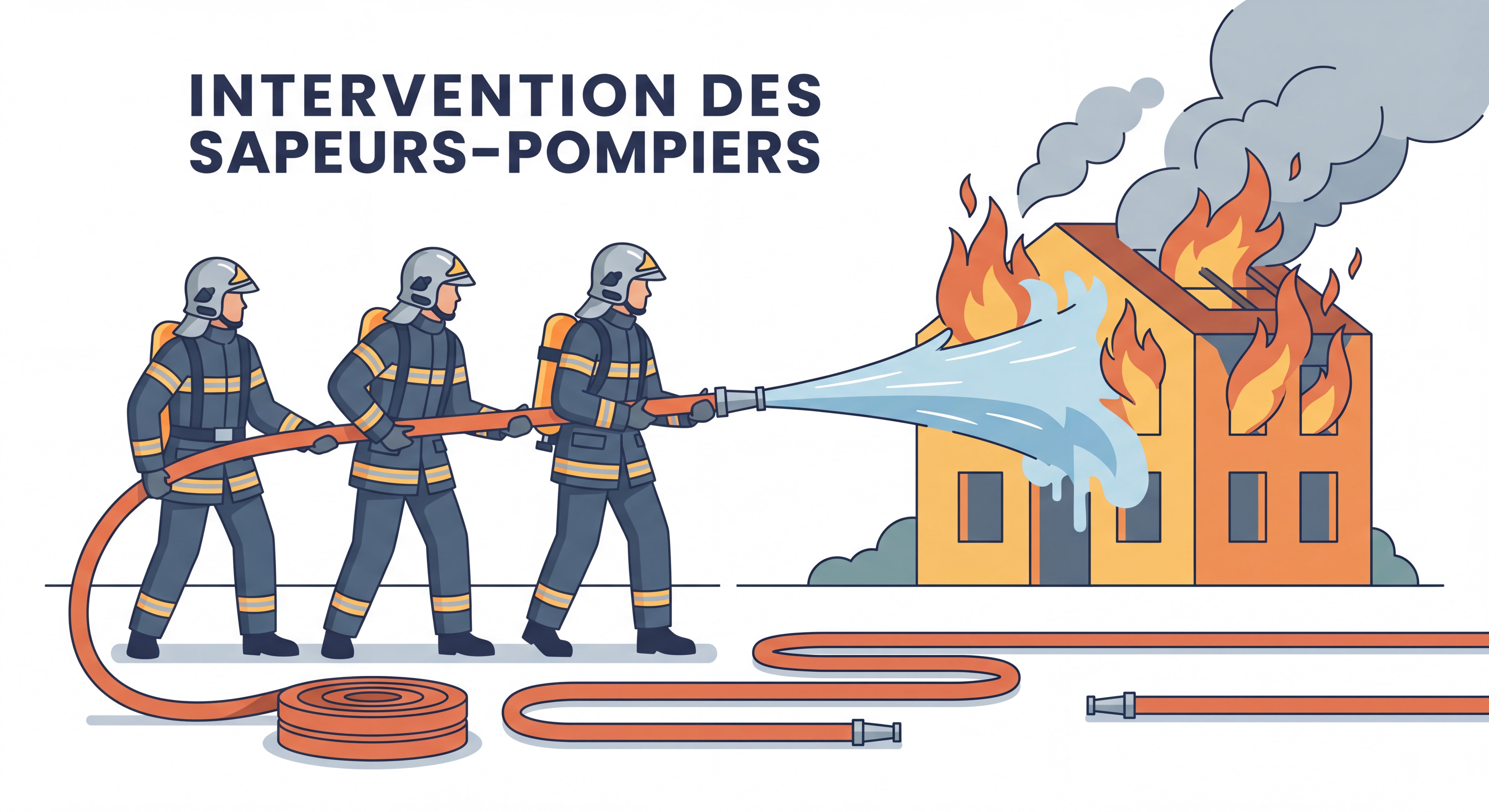 Sapeurs-pompiers utilisant une lance incendie professionnelle lors d'une intervention sur un bâtiment en feu, avec tuyaux souples établis