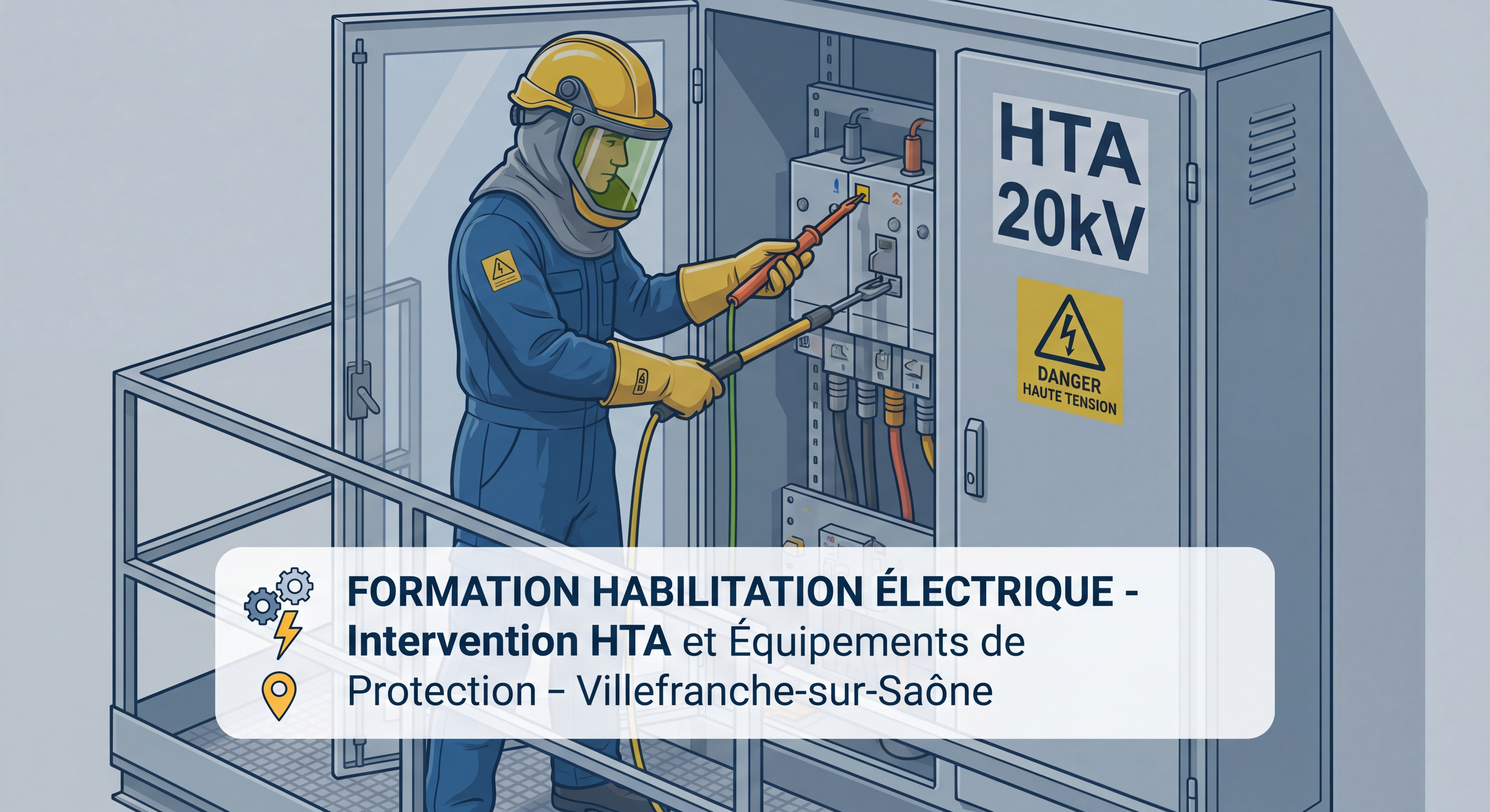 Technicien en équipement de protection individuelle intervenant sur un poste électrique haute tension HTA - formation habilitation électrique Villefranche-sur-Saône