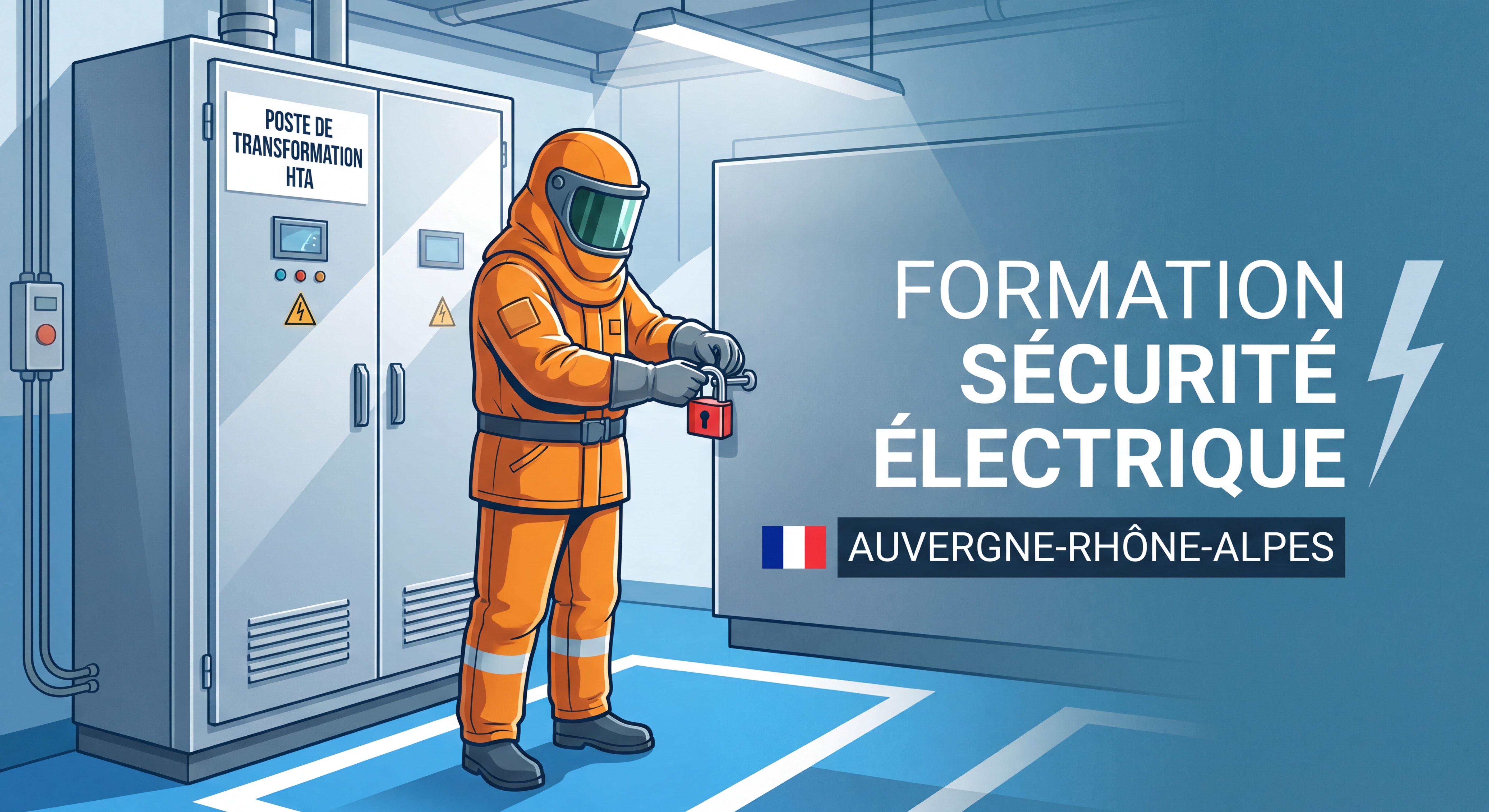 Électricien en tenue de protection haute tension réalisant une consignation sur un poste de transformation HTA - formation sécurité électrique Auvergne-Rhône-Alpes