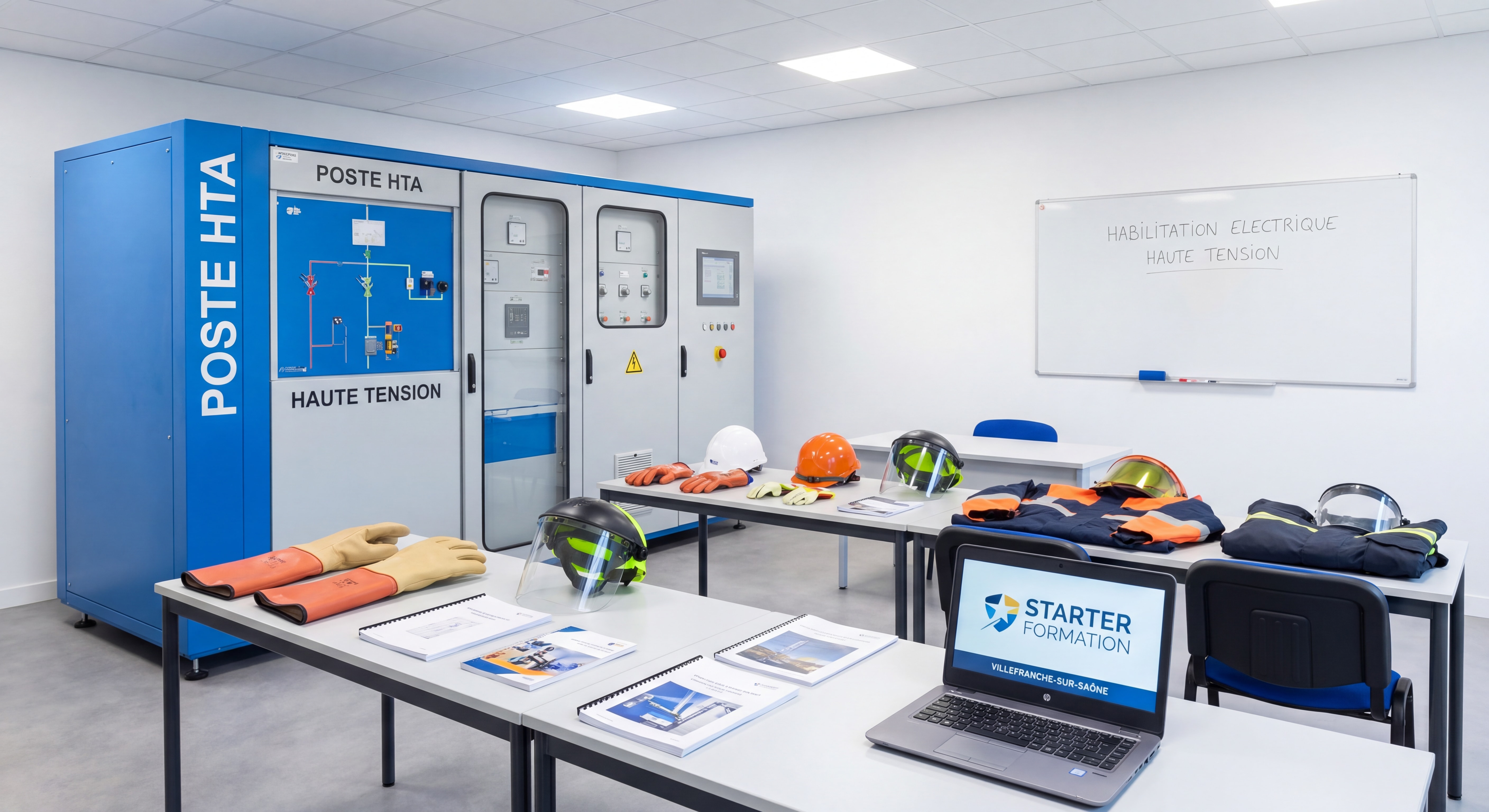 Salle de formation habilitation électrique haute tension avec matériel pédagogique - poste HTA et équipements EPI - organisme Starter Formation Villefranche-sur-Saône