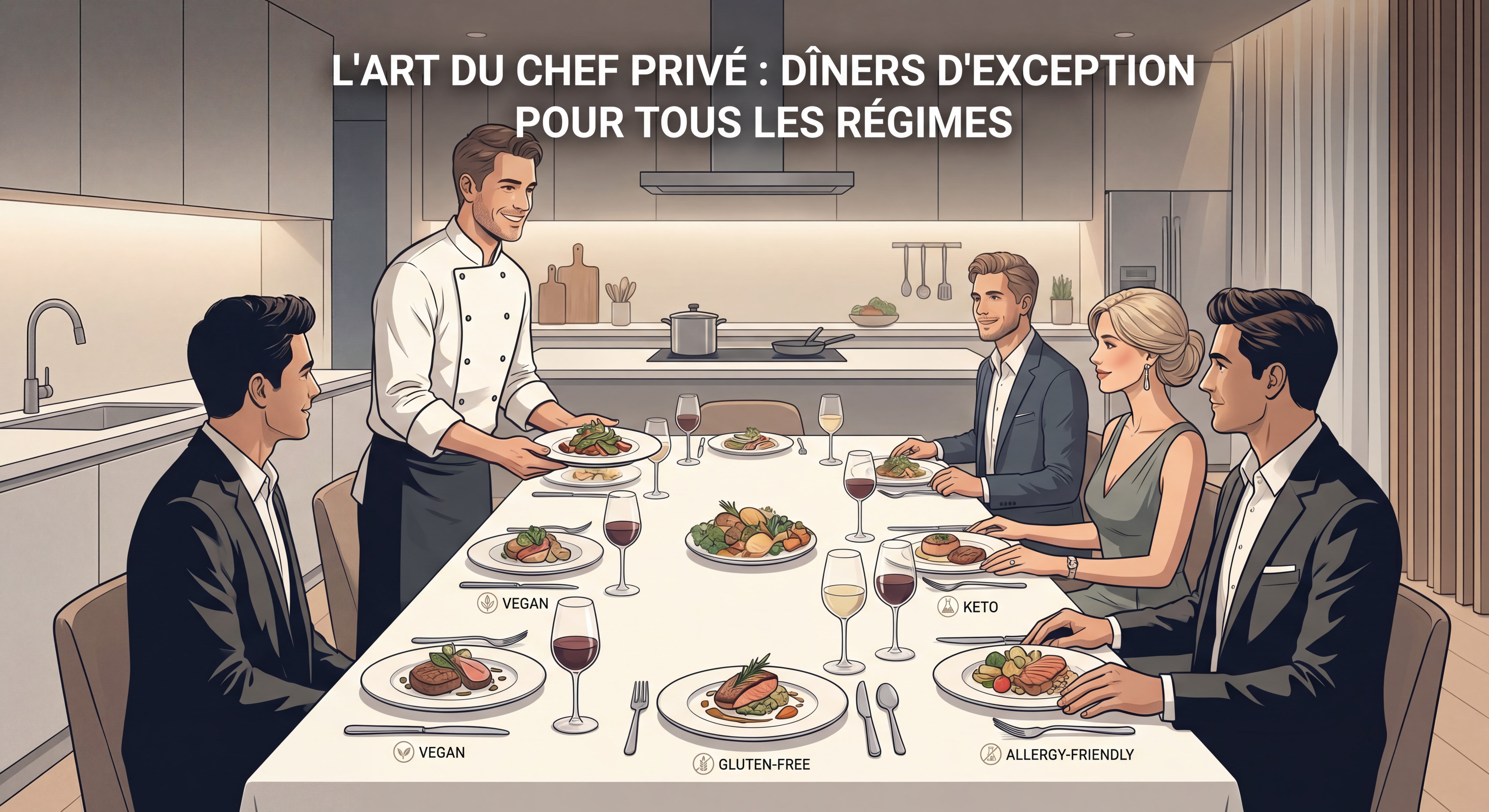 Chef privé orchestrant un dîner de prestige pour un groupe de convives aux régimes variés, ambiance gastronomique haut de gamme
