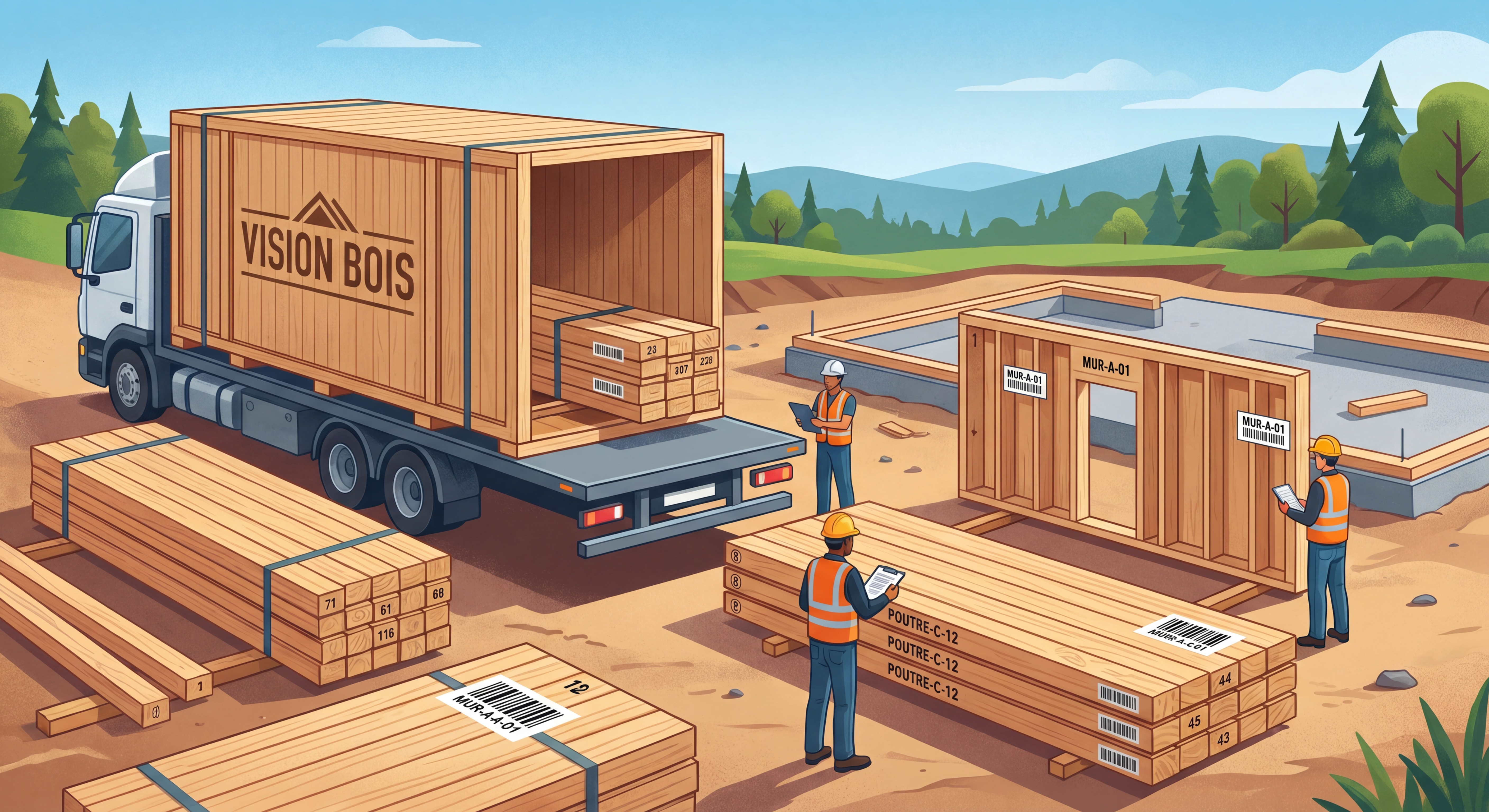 Livraison d'un kit maison bois Vision Bois sur chantier, pièces bois numérotées et identifiées prêtes à l'assemblage